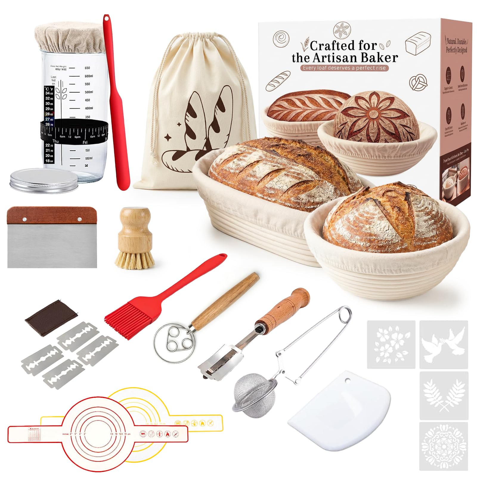 Banetones para Pan, Cesta de Fermentación para Pan 18Piezas Kit Completo de Panadero con Banetones de Caña Natural, Batidor, Cuchillo de Panadero y Paño de Lino,Cesta para Pan de Masa Madre