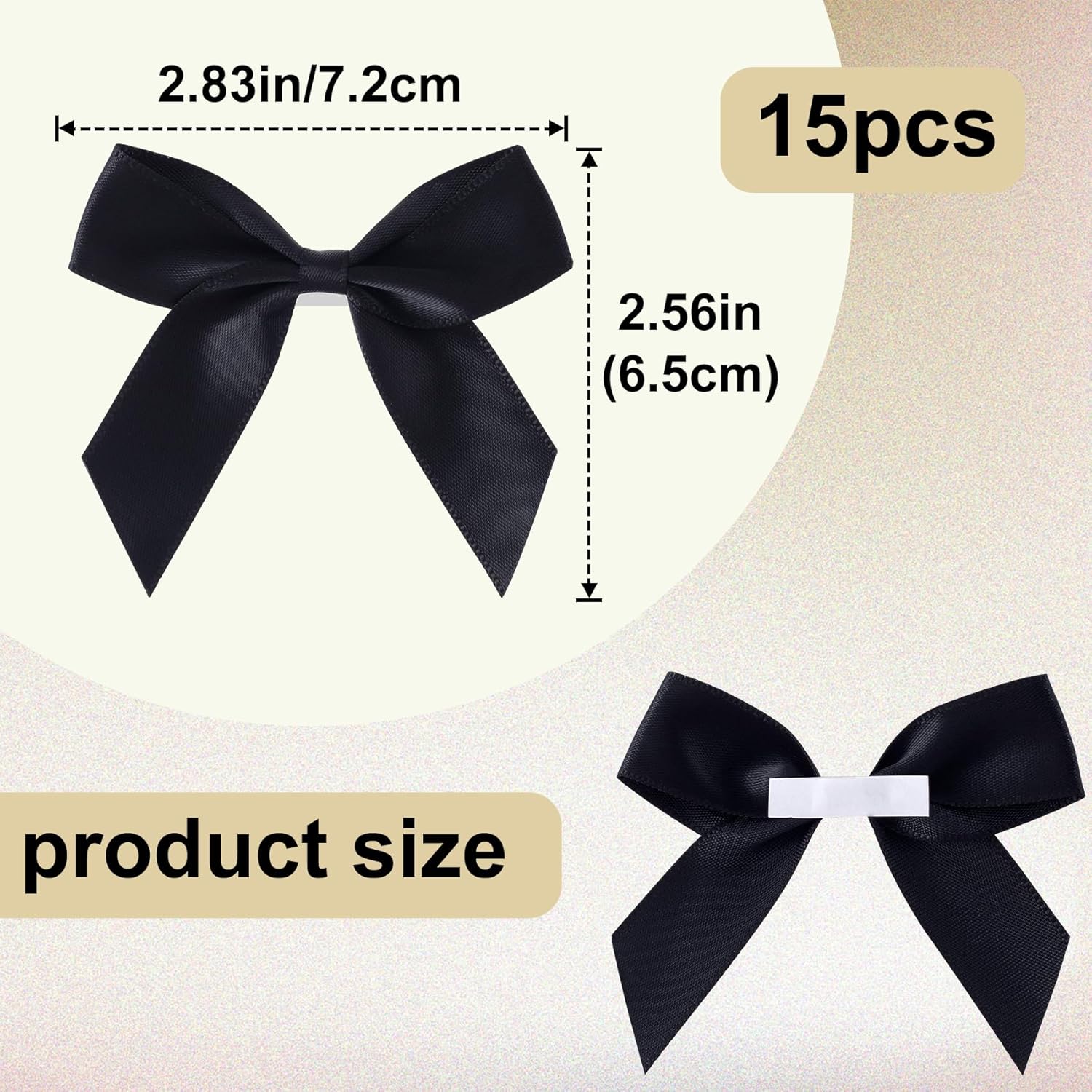 15PCS Self-Adhesive Black Bow Decor, 2.5" Premade Satin Ribbon Bow, Soft Small Craft Bowknots for Present Wrapping, Cute Cake Bows for Wedding Birthday Party Decoration - Black - Image 2