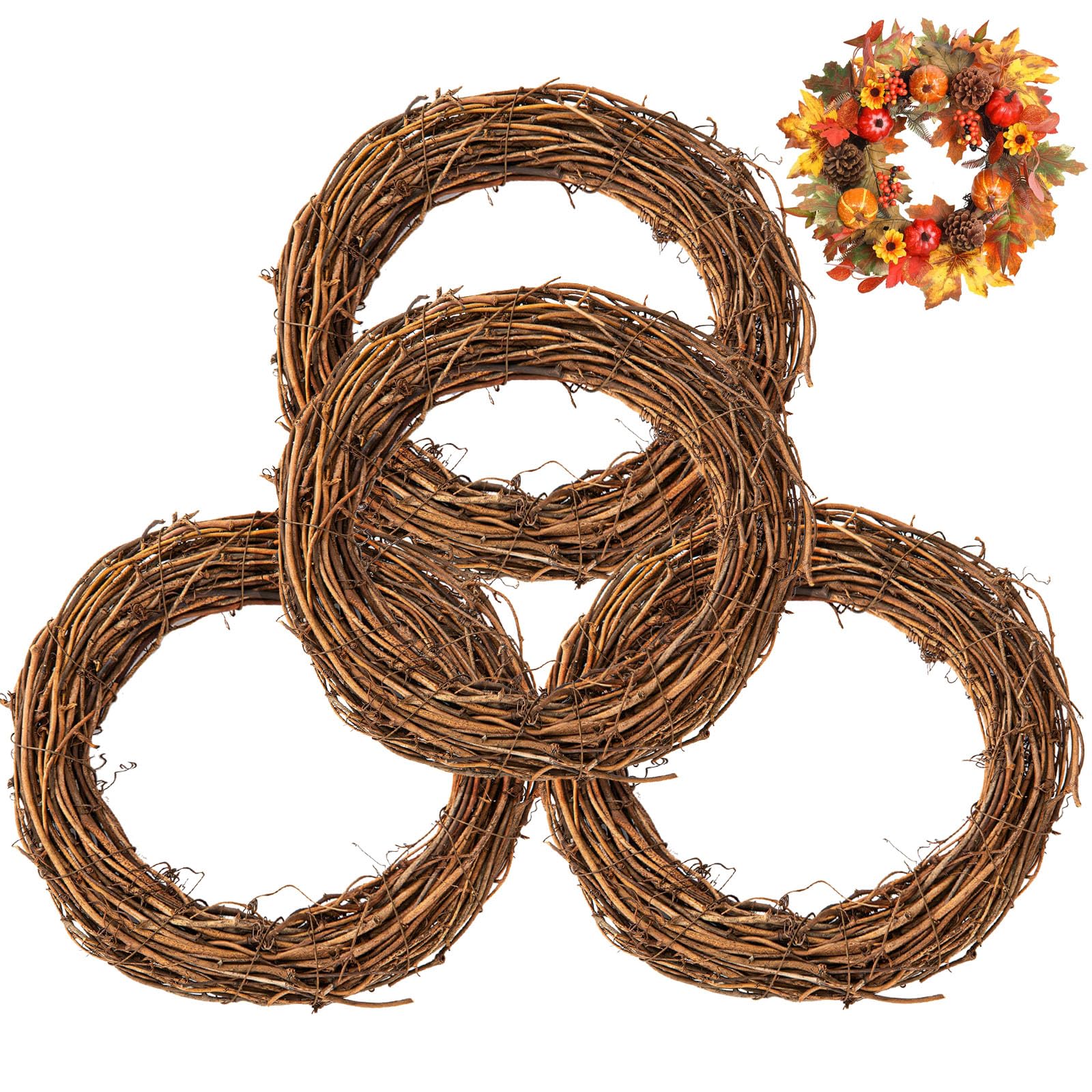 TUAKIMCE Natural Grapevine Wreath 4 PCS 25 CM Spring Wreath for Front Door Vine Rattan Wreath for DIY Craft Front Door Wall Decor Easter Christmas Halloween Wreath Wedding Party Decor