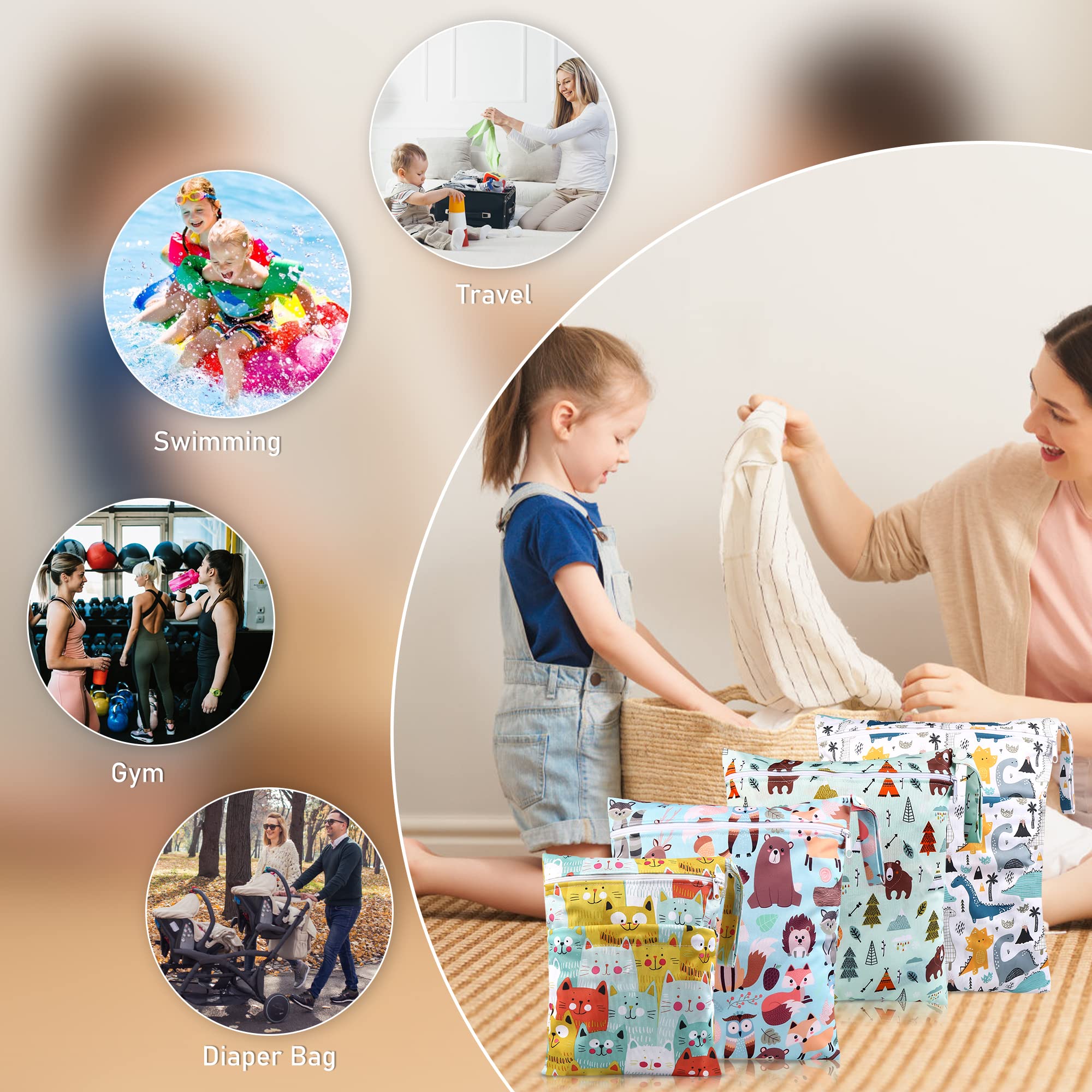 Wetbag Lot de 4 sacs à langer imperméables réutilisables avec fermeture éclair multicolore