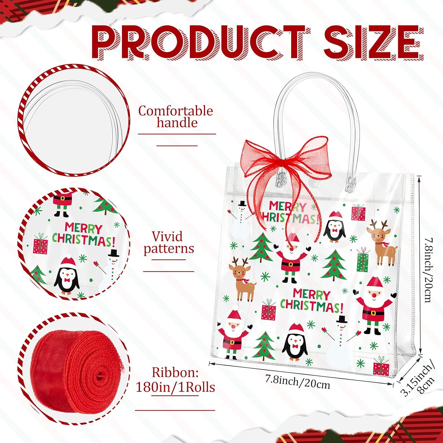 Henoyso 12 Pcs Christmas Clear Gift Bags Plastic Candy Treat Goodie Bags Red Foil Santa PVC Wrap Totes with Handles and Ribbon Xmas Party Favors (Santa and Xmas Tree,7.8 x 7.8 x 3.1 Inch)