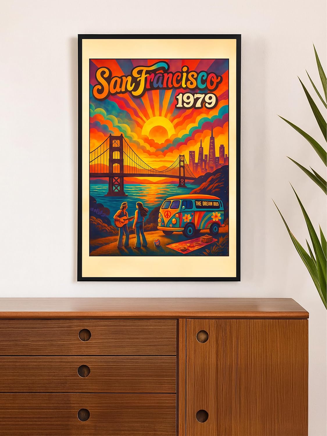 San Francisco 1979 Framed Wall Art – Retro Psychedelic Print with Golden Gate Bridge – 11x17 Black Frame Vintage California Decor for Living Room, Bedroom, Dorm, Office – Ready to Hang
