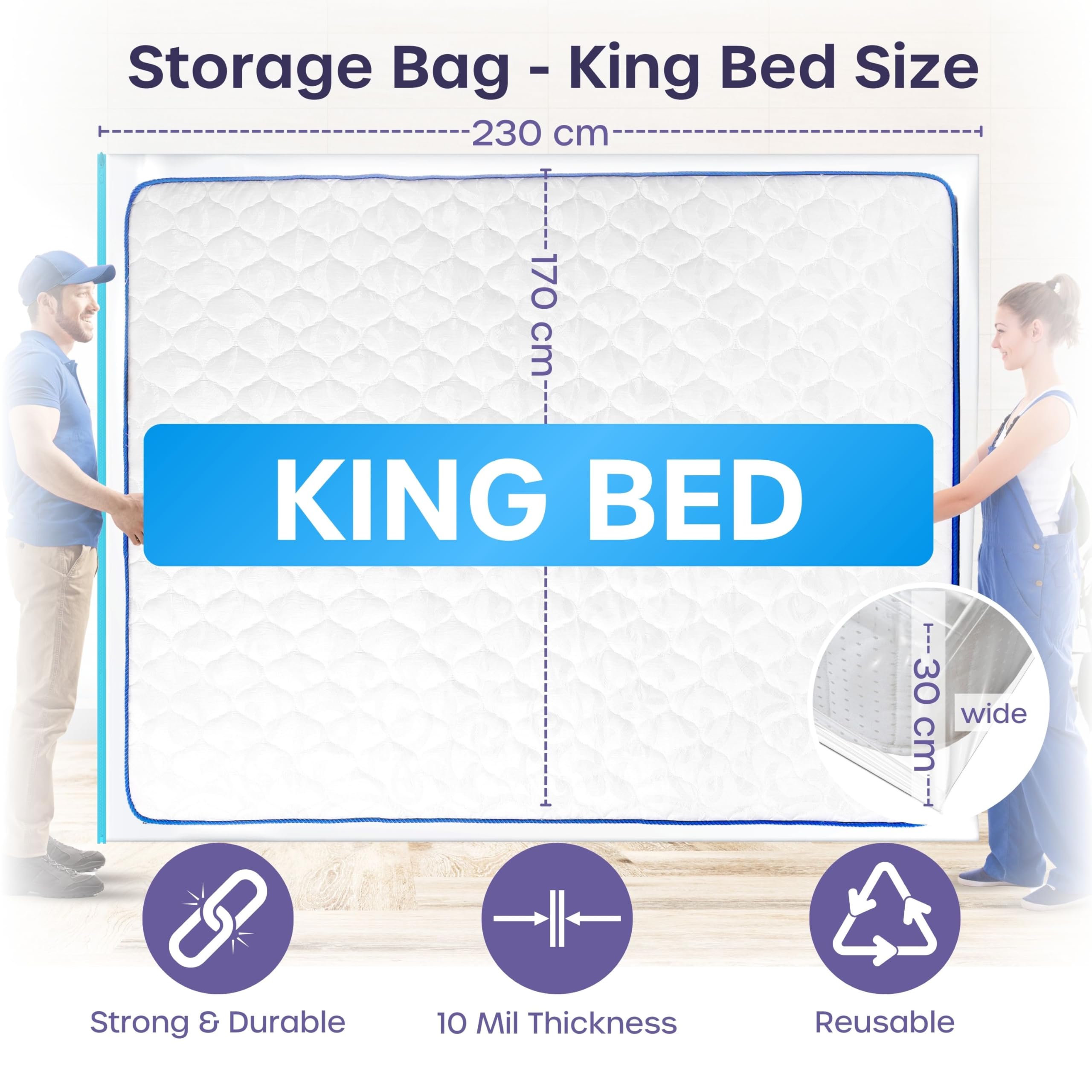 volila King Mattress Storage Bag with Zipper, 1 Pack Waterproof Mattress Cover for Moving - Image 2