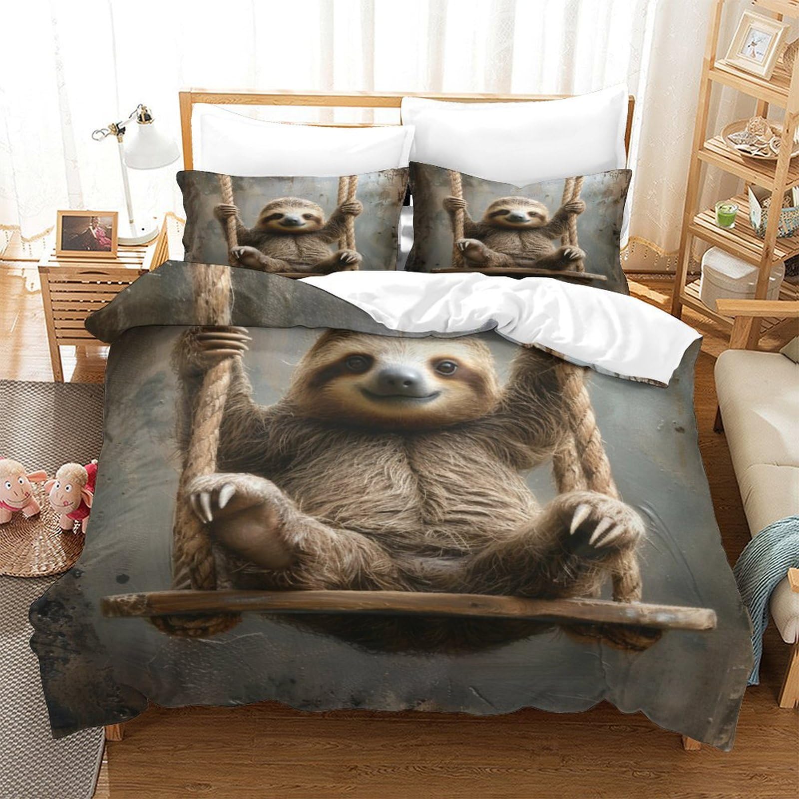 P1S9U7W5Y 3D Printed Cute Sloth Duvet Cover Set 3pcs Microfiber Animal Theme Bedding Set Single（140x200cm）