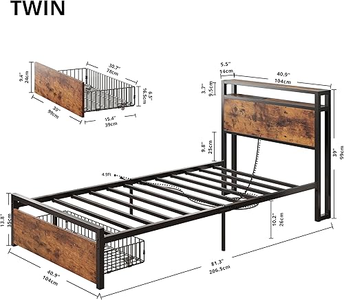 Miniatura 63 de LIKIMIO Base de cama individual con cajón, cabecera de almacenamiento con tomas, no necesita somier, fácil montaje, marrón oscuro Marrón oscuro,Gris
