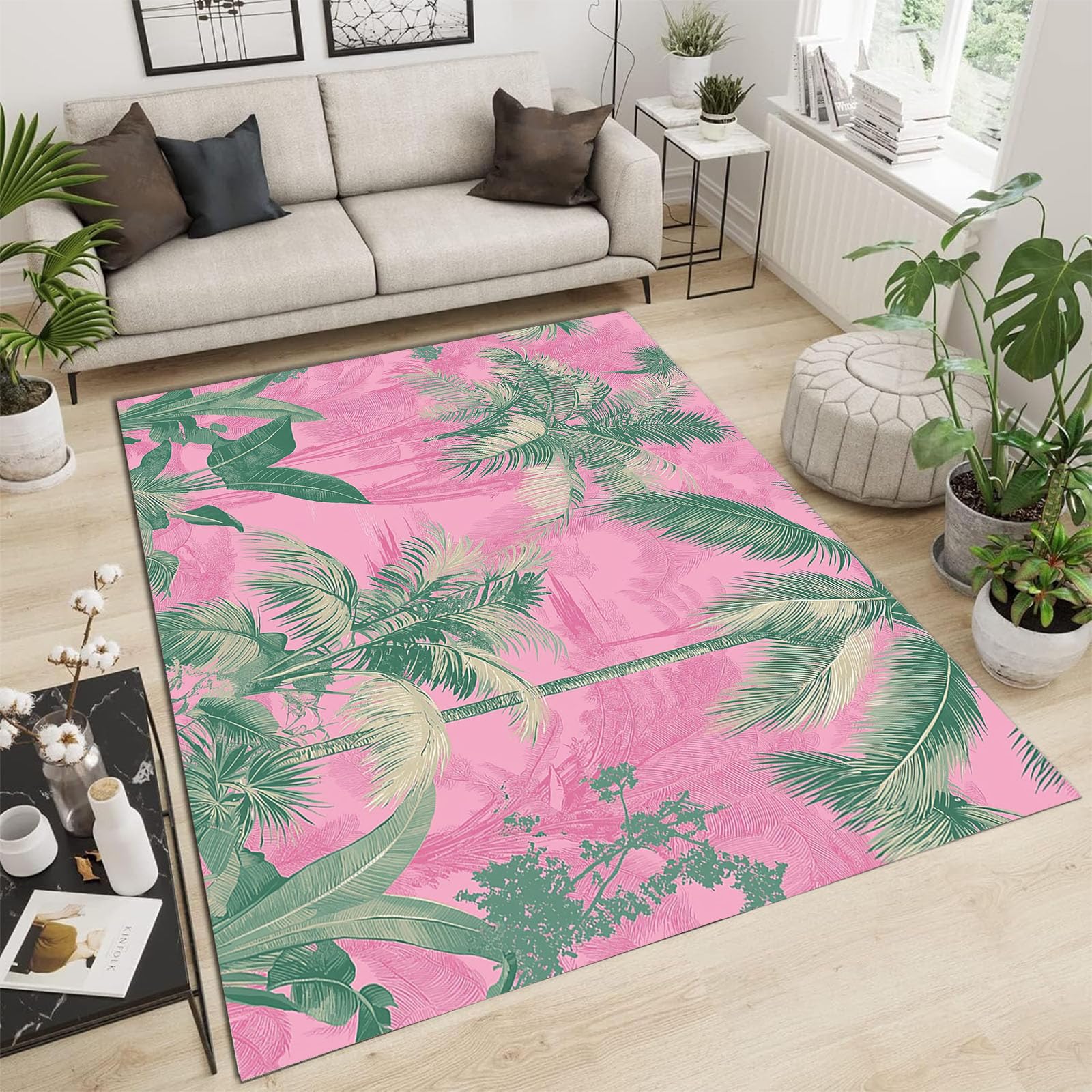 Tapis lavable enfant et salon rose vif 120x180 cm jungle tropicale