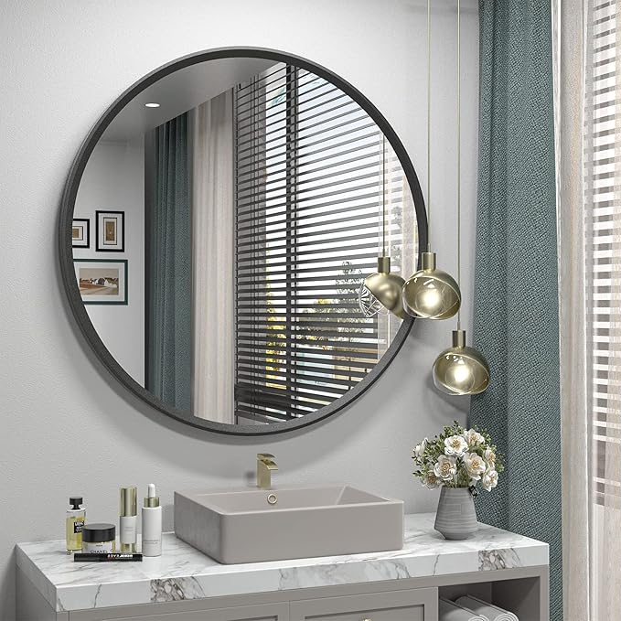 GOLOMO 30 Inch Matte Black Round Mirror, Black Circle