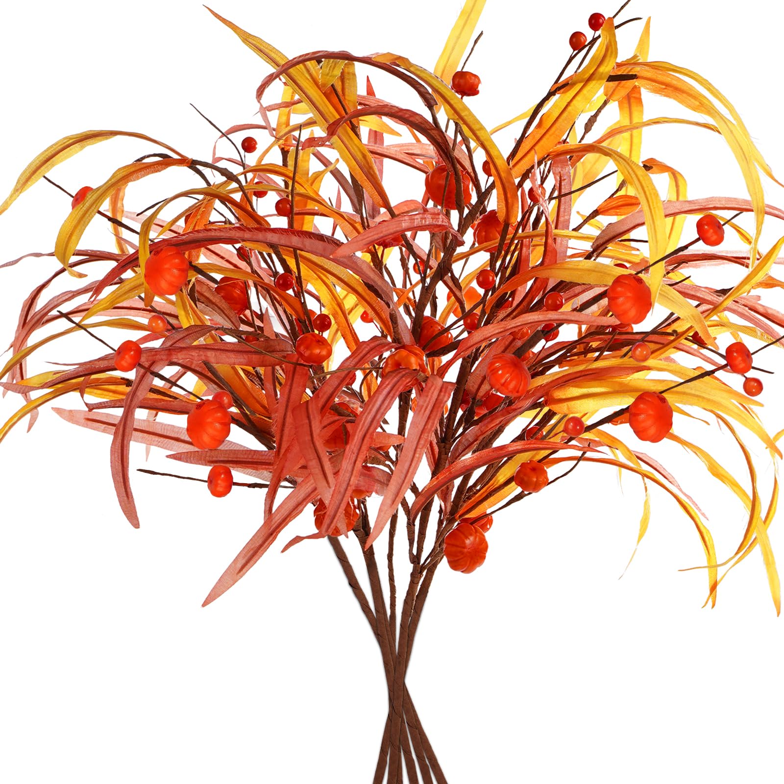 Woosir6Pcs Thanksgiving Artificial Fall Leaves Berry Pumpkins Stems Fall Floral Picks for Floral Arrangements Fall Foliage Stems Autumn Thanksgiving Home Table Centerpiece Decorations