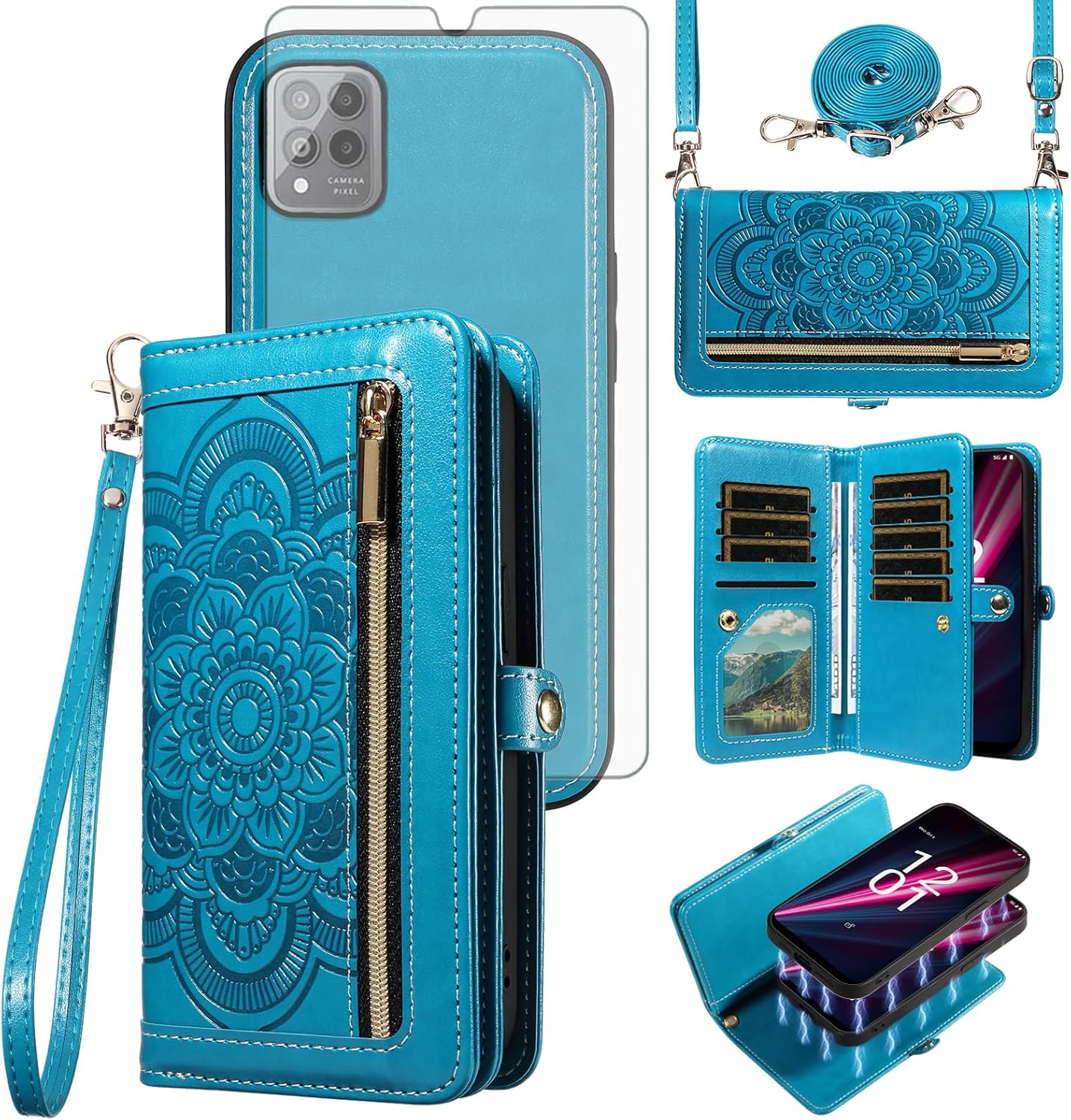 Asuwish Phone Case for T-Mobile Revvl 6 Pro/6X Pro 5G Zipper Wallet Cell Cover with Tempered Glass Screen Protector Strap Flower Card Holder Tmobile Revel X Tmo Revell T Mobile Rebel TCL Women Blue