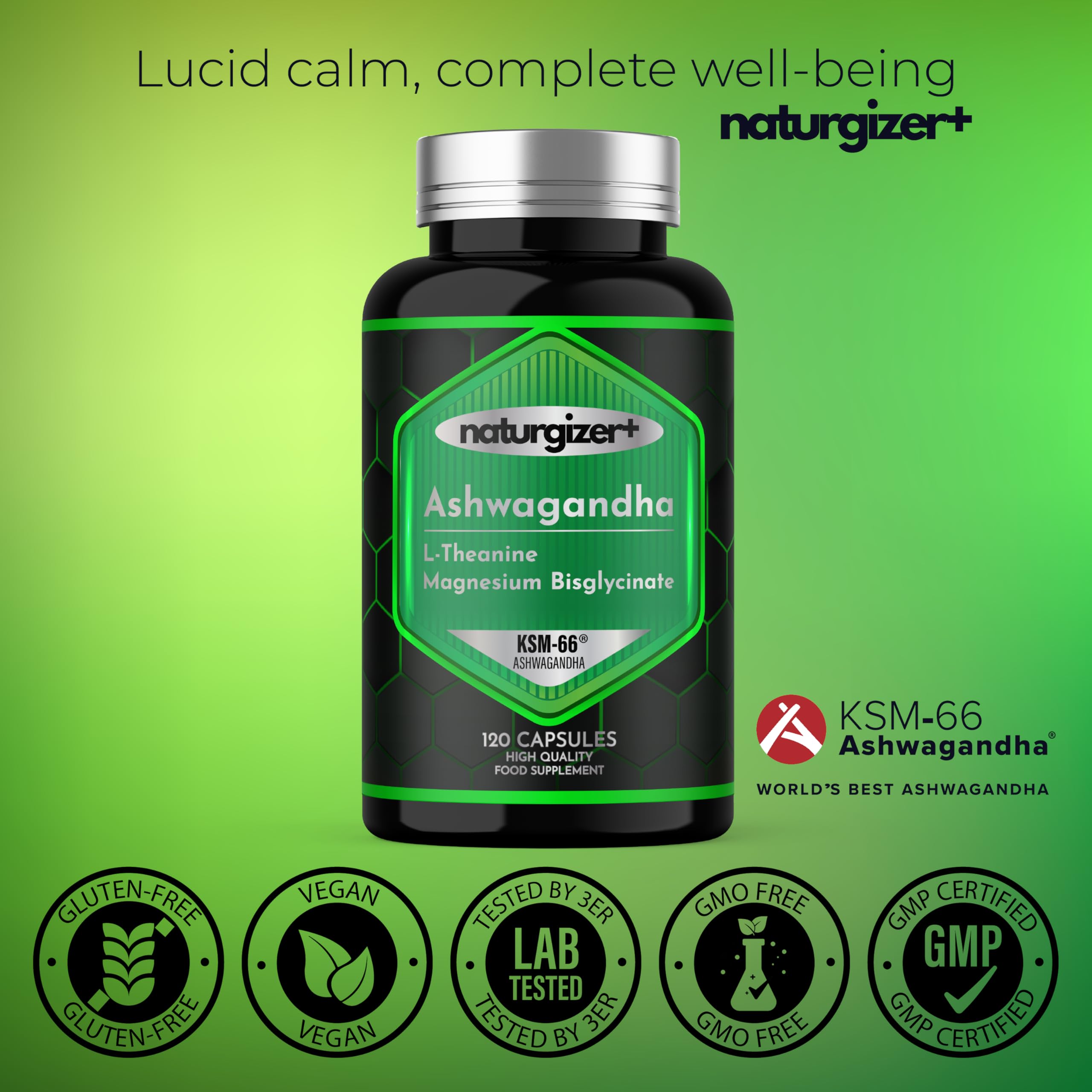 Ashwagandha KSM-66 Complex with L-Theanine & Magnesium | 120 Capsules — Amazon image 3