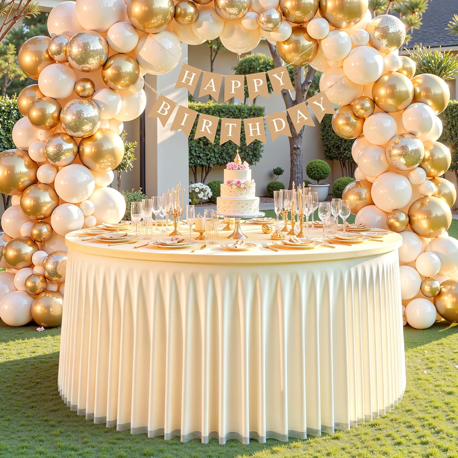 Champagne Tulle Round Tablecloth for 72 inch Tables, Spandex Fitted 6FT Champagne Round Table Covers with Tulle Tutu Skirt for Baby Shower Wedding Birthday Party Cake Banquet Table Decoration