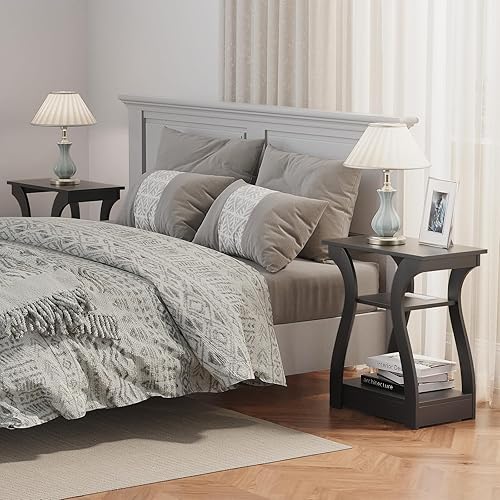 Miniatura 5 de Juego de 2 mesas auxiliares negras con estación de carga, mesa auxiliar con puertos USB y tomas, mesita de noche negra, mesa auxiliar de 3 niveles