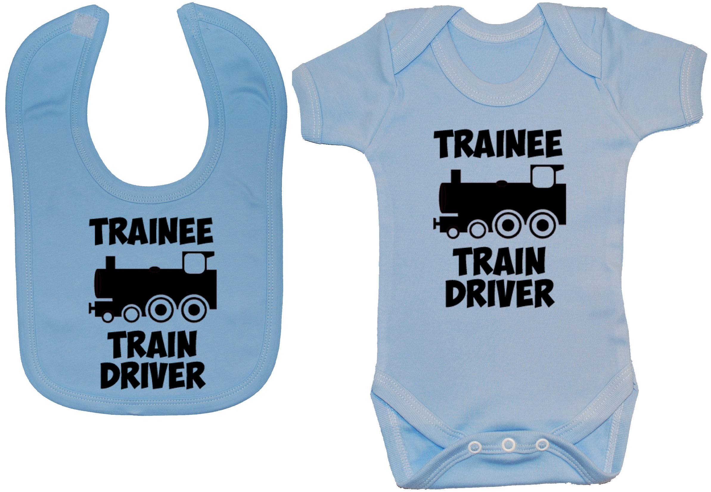 Acce Products Trainee Train Driver Baby Bodysuit/Romper & Feeding Bib - 6-12 Months - Blue