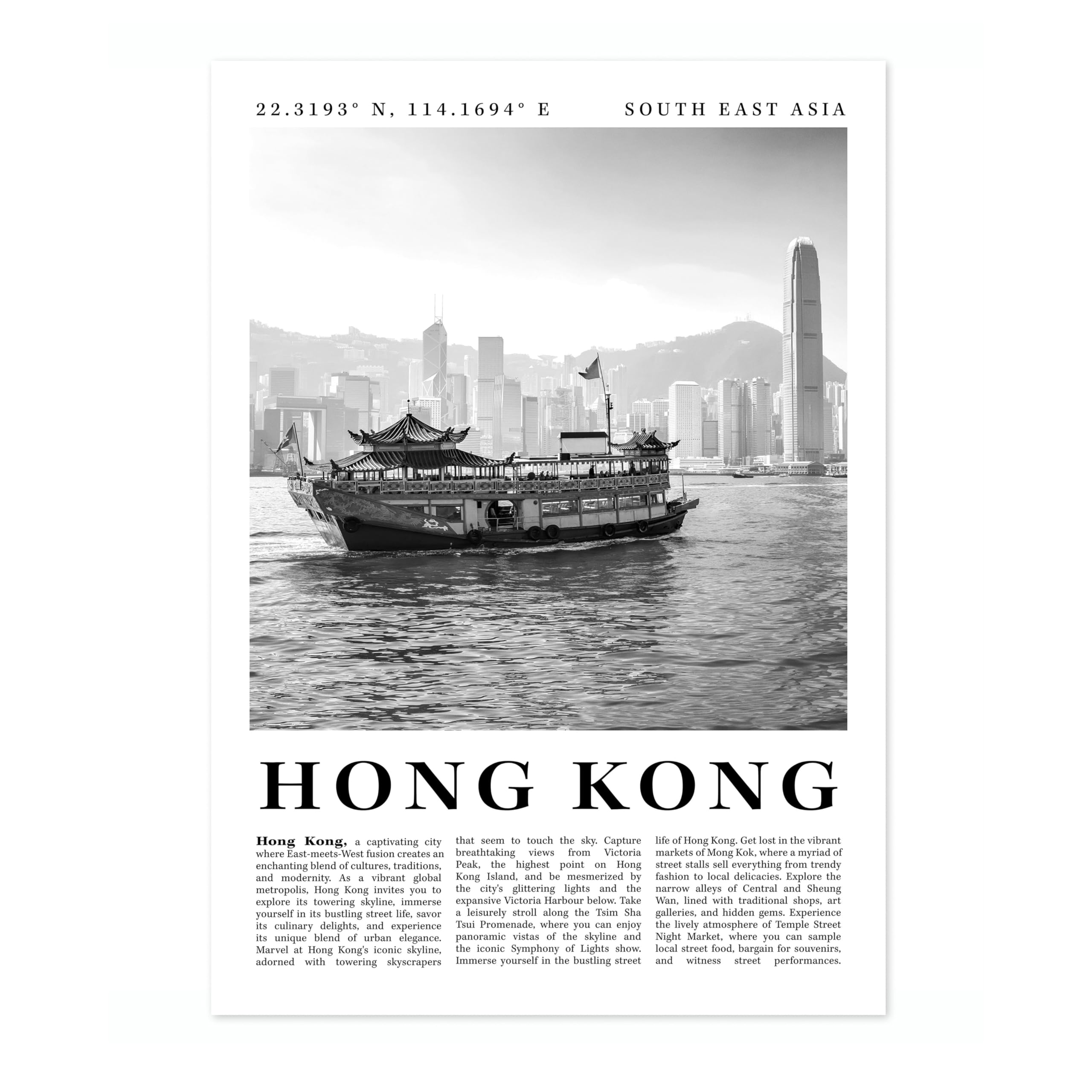 Hong Kong - China Travel Poster, Black & White Print, City Landmark. Modern Home Wall Decor For Living Room Bedroom, Archival Matte, A4 (Print Only) - 29.7x21cm โ image 1