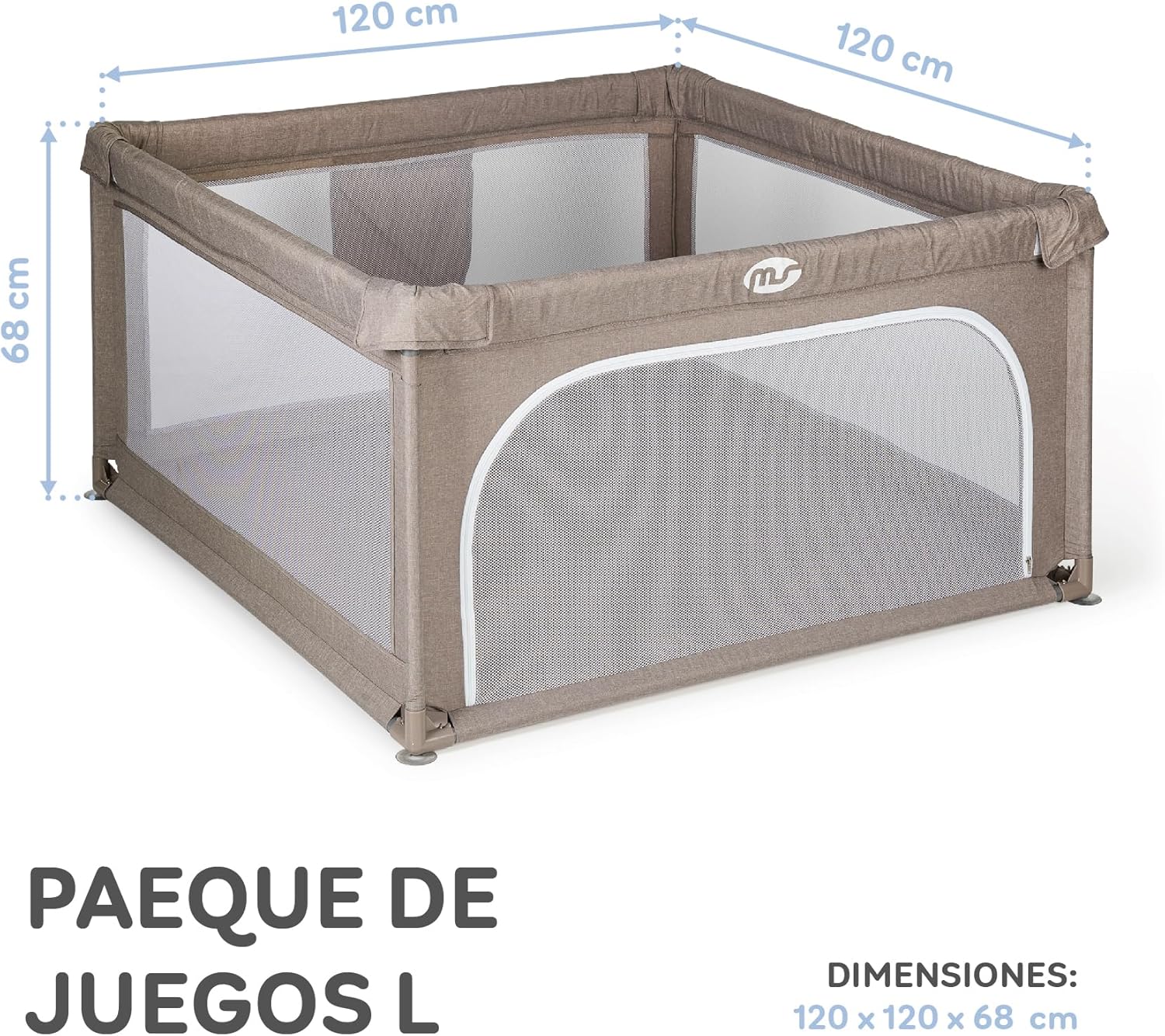 Diagram showing the dimensions of the MS Baby Playpen L: 120 cm x 120 cm x 68 cm