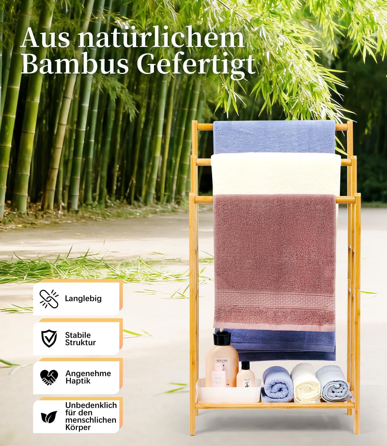 Portasciugamani in bambù con ripiano, portasciugamani indipendente, scaletta portasciugamani con 3 aste, bagno, soggiorno, salvaspazio (altezza 86 cm)