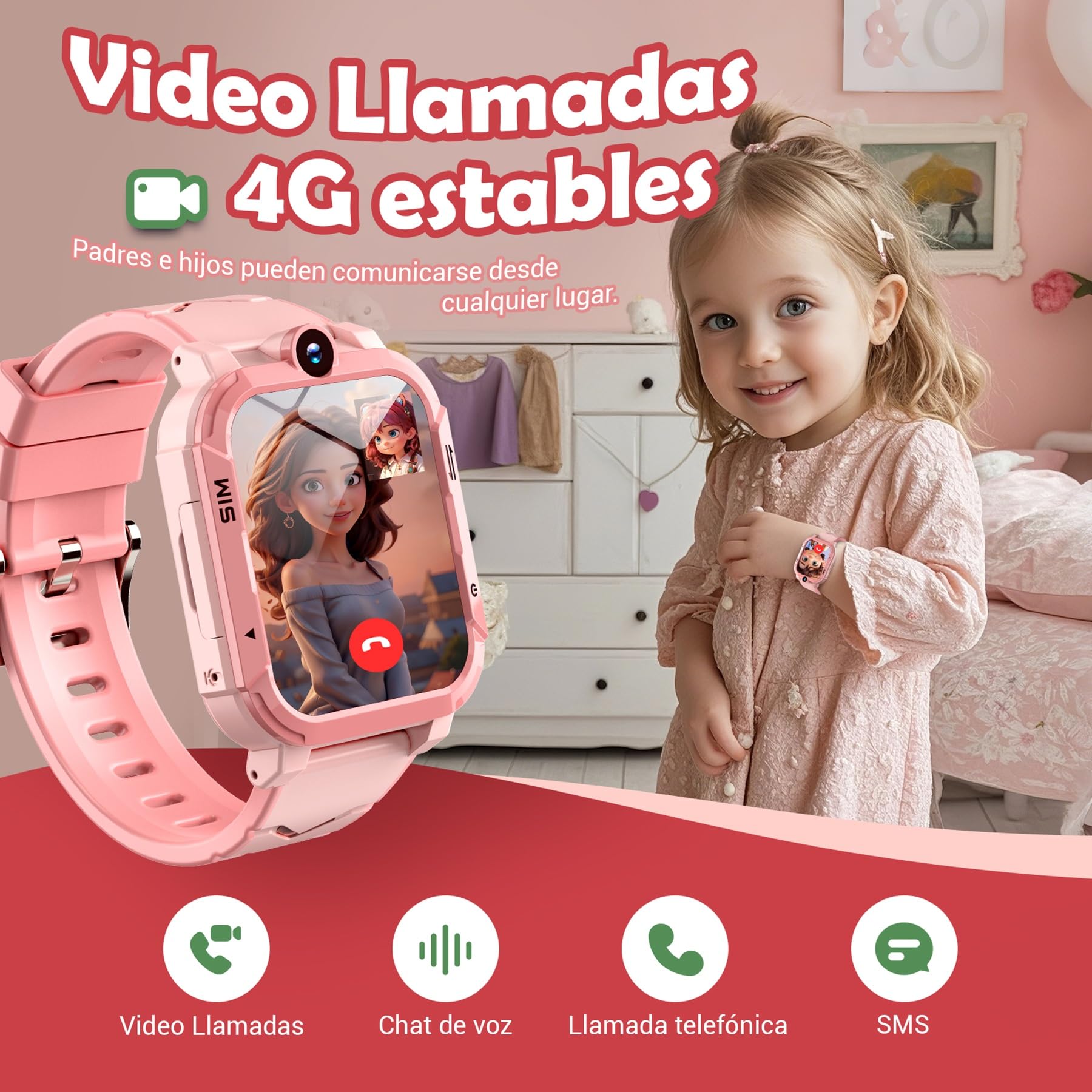 Blackview Reloj Inteligente Niño 4G, Videollamadas, Chat de Voz, 1.83” Smartwatch Niños con GPS Posición, SOS Llamar, Modo Escuela, Despertador, Podómetro, Calculadora, Batería Grande de 800 mAh, Rosa