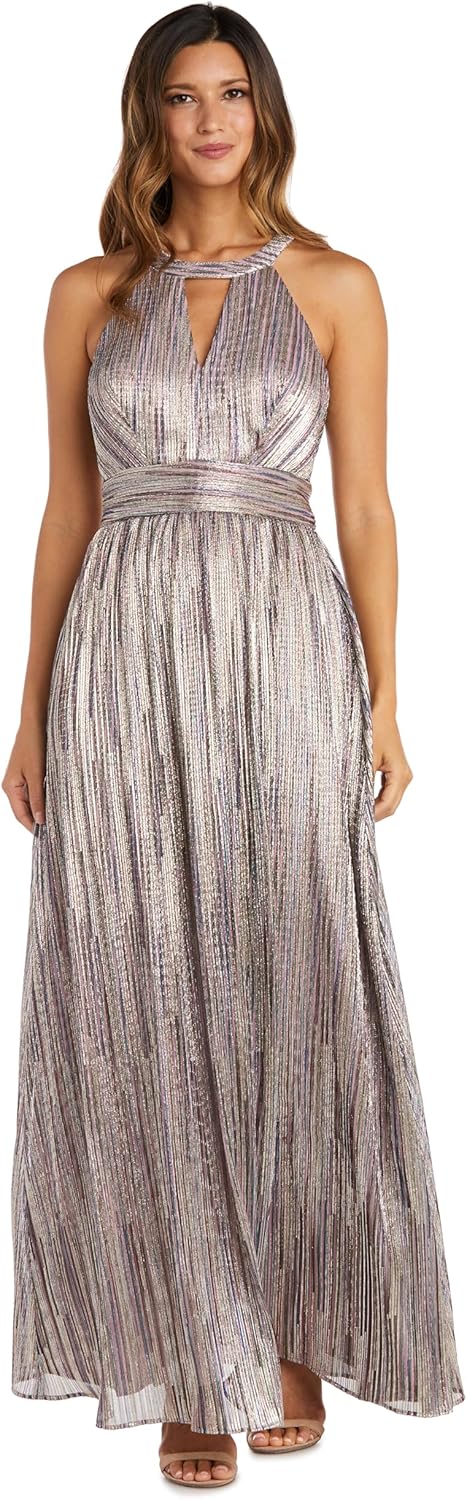 NIGHTWAY Long Shimmer Gown with Cut Outs and Open Back
