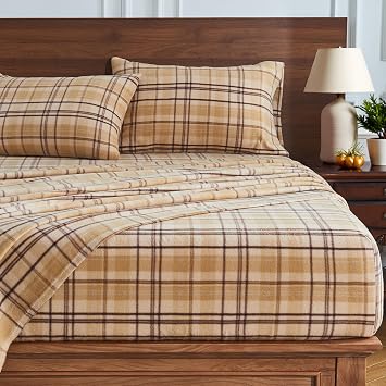 HYPREST Flannel Sheets King Size, Plaid Sheets Double Brushed, Camel Beige Plaid Warm Bed Sheets Winter Fuzzy Bedding