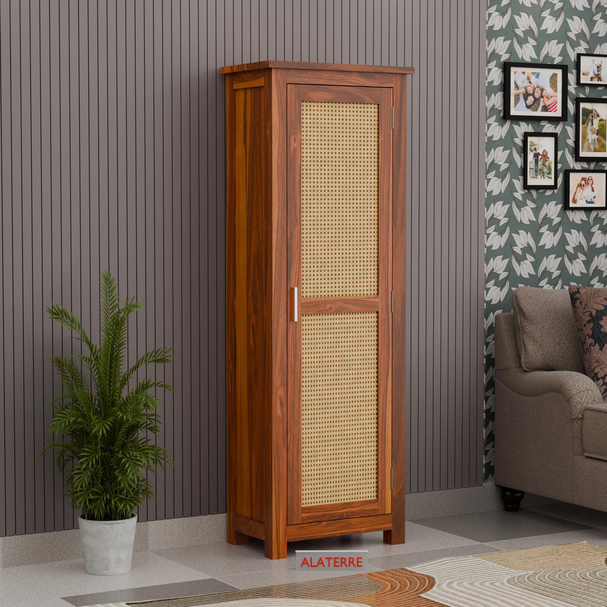 Solid Wood Single Door Wardrobe Cabinet with Natural Cane Panel | Slim Storage Almirah for Bedroom & Living Room | Wooden Closet for Compact Spaces (Honey Finish)-image-49