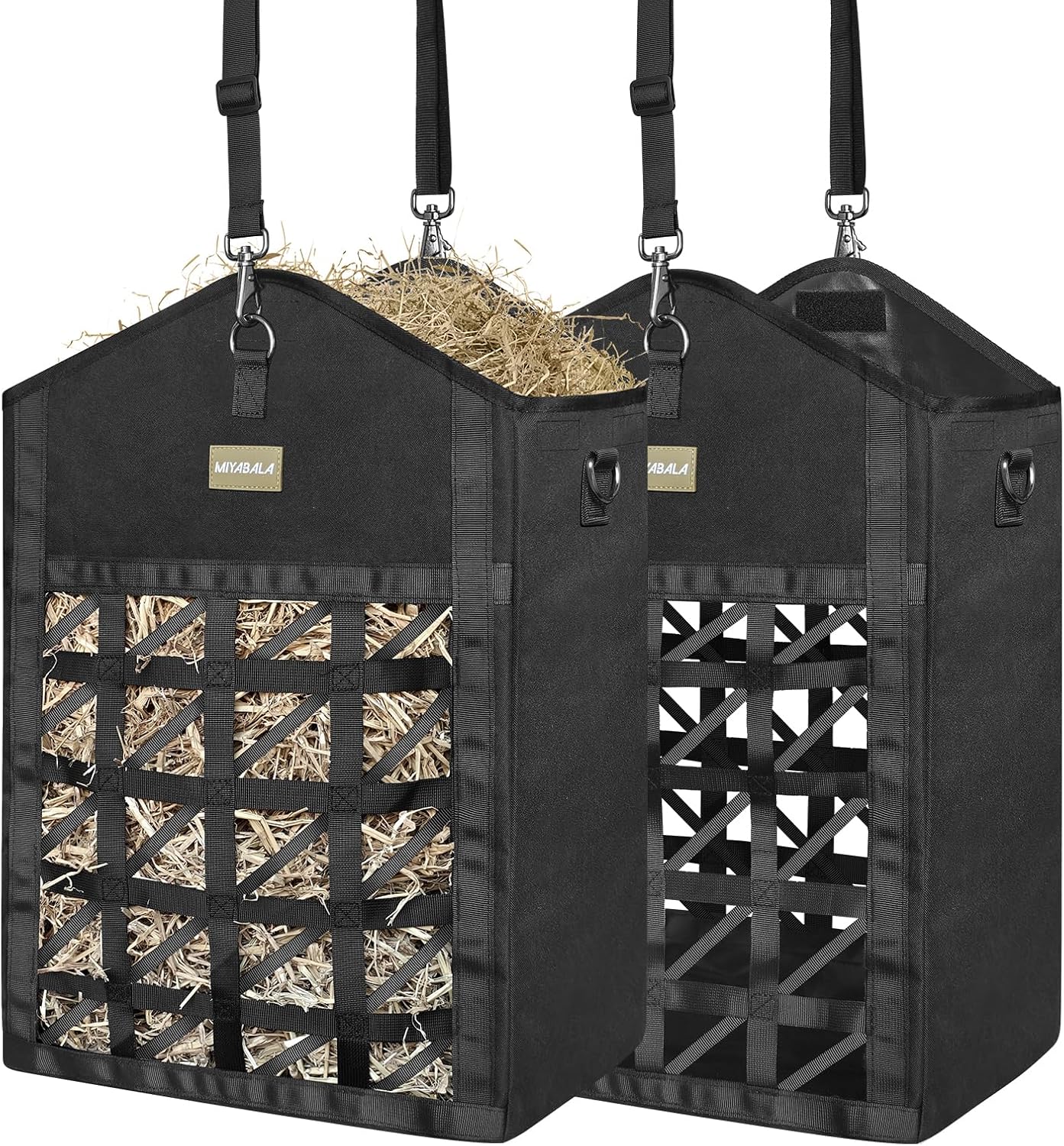 Ultra-Slow Feed Hay Bags for Horses,Two-Sided Premium Oxford Hay Bags with Large Opening,Top with Hook-and-Loop Closure,Adjustable Dual-Purpose Strap for Easy Hanging (Black, Large 2 Pack)
