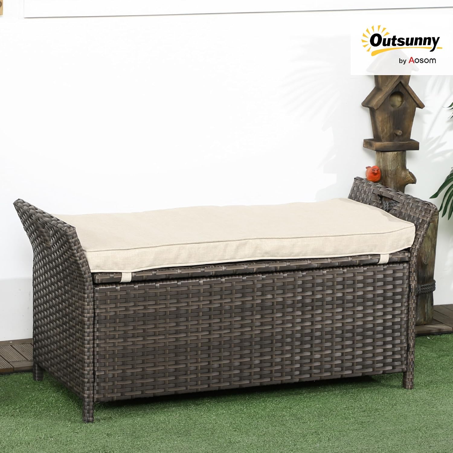 Outsunny 29 Gallon Patio Wicker Storage Bench, Outdoor PE Rattan Furniture, 2-in-1 Large Capacity Rectangle Garden Storage Box with Handles and Cushion, Cream White