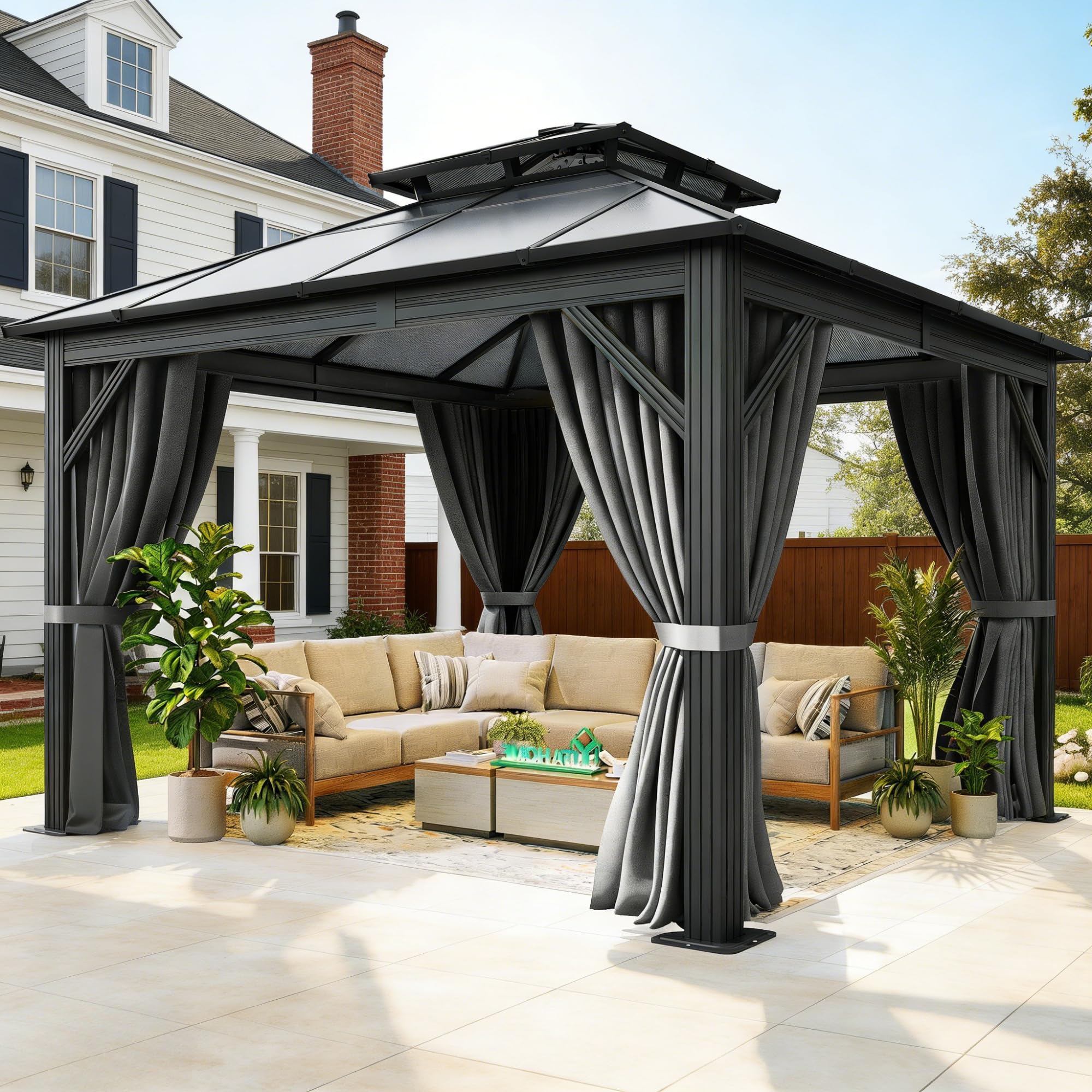 Condition photo showing New/Like New for yitahome 10x10ft polycarbonate hardtop gazebo outdoor patio double top canopy galvanized iron metal column garden tent curtains netting for backyards decks lawns,gray