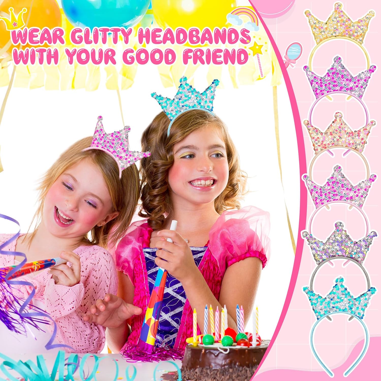 18PCS Princess Crowns Headband Glitter Headbands Crown Party Favors, Shiny Princess Crown for Little Girls Birthday Party Wedding Prom Cosplay Gifts (6 Colors) - Image 6
