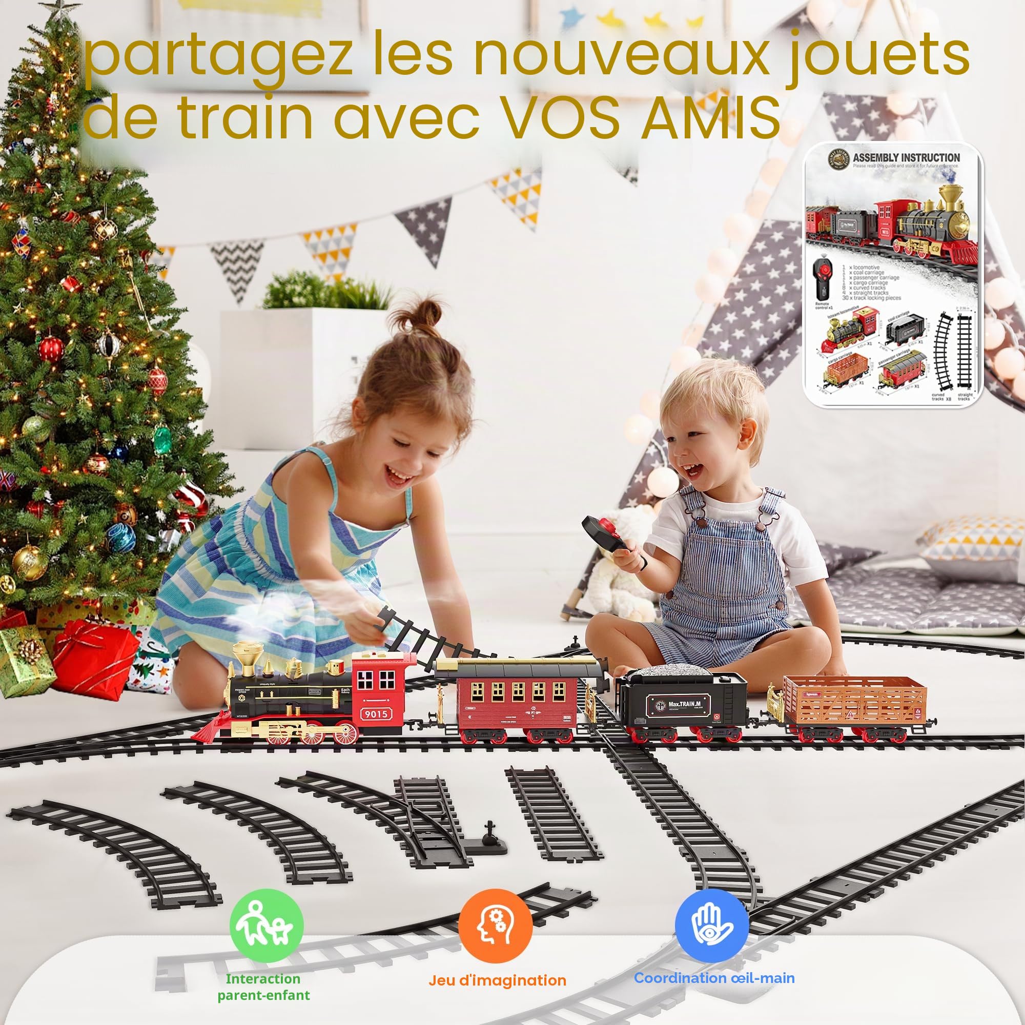 Hot Bee Train Électrique Enfant Télécommandé avec Piste de Luxe, Train Électrique Noël pour Sapin