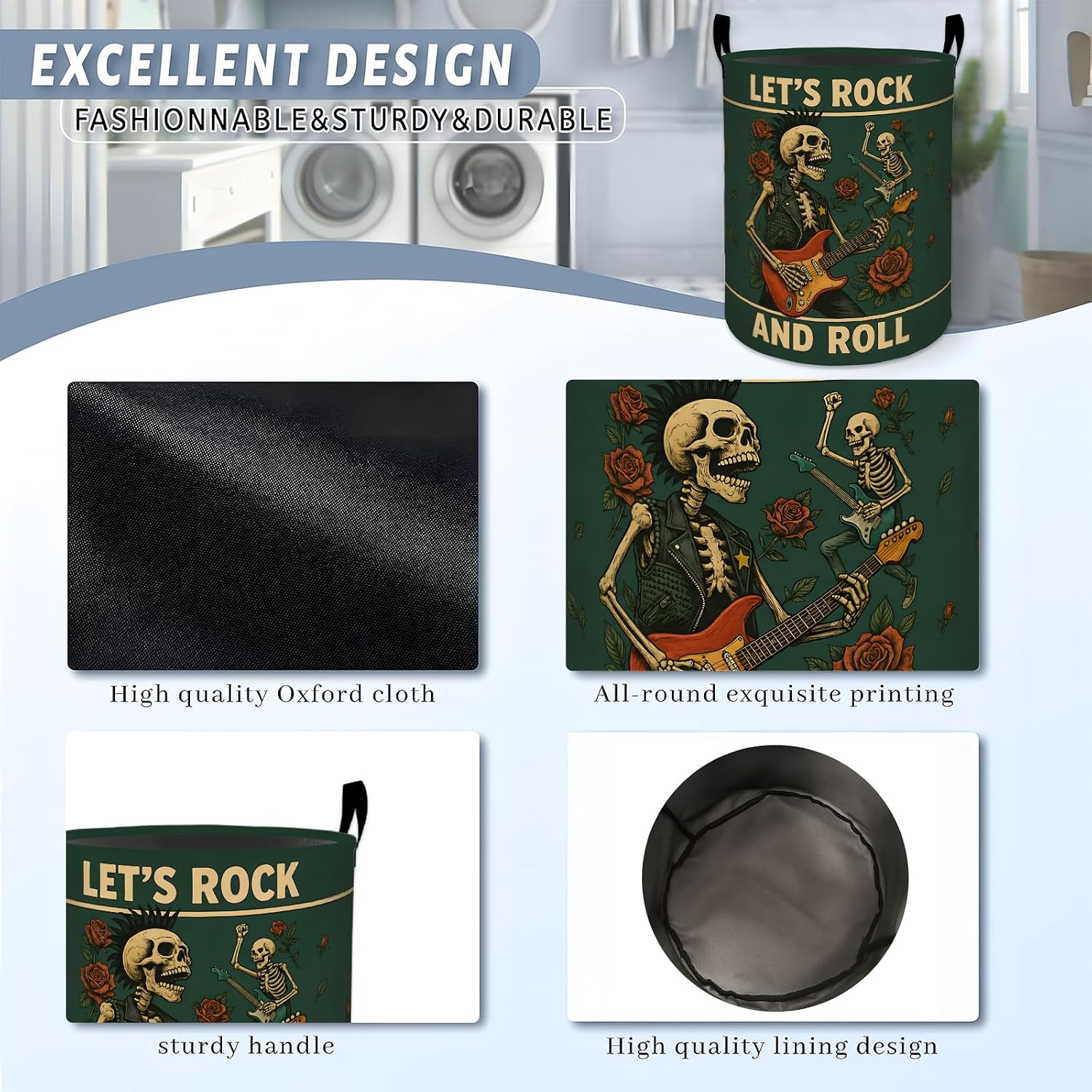 Retro Skull Guitar Laundry Basket, Skeleton Floral Music Storage Hamper, Round Collapsible Waterproof Cloth Bin, 19.7x15.7 Inch Vintage Clothes Organizer Gifts for Bathroom Decor image 5