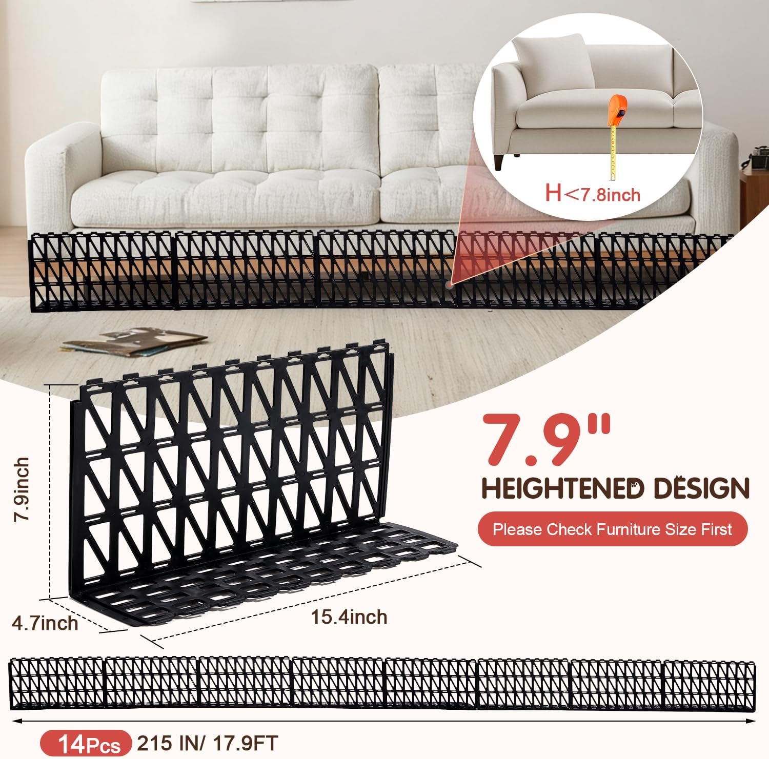 LEICHTEN 7.9" Height-210 Length in Total Under Couch Blocker, Durable Under Bed Blocker for Pets Keep Dogs/Cats Off Couch, Ideal for Sofa Bed Furniture, Easy Installation
