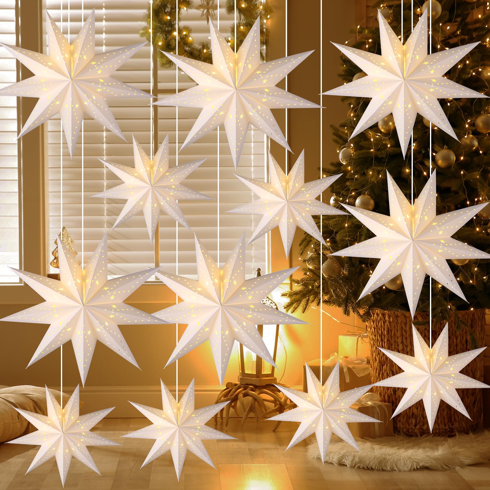 Youyole 12 Set Christmas 3D Paper Star Lantern 9 Pointed Hanging