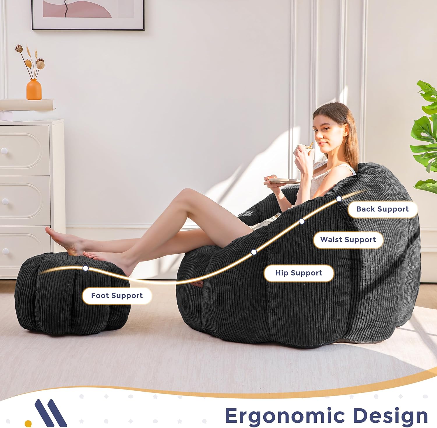 MAXYOYO Giant Bean Bag Chair with Ottoman, Pumpkin-Shaped Bean Bag Sofa with Footstool, Oversized Boneless Couch Chair in a Box, Comfy and Lazy Lounge for Dorm, Living Room, Bedroom, Black
