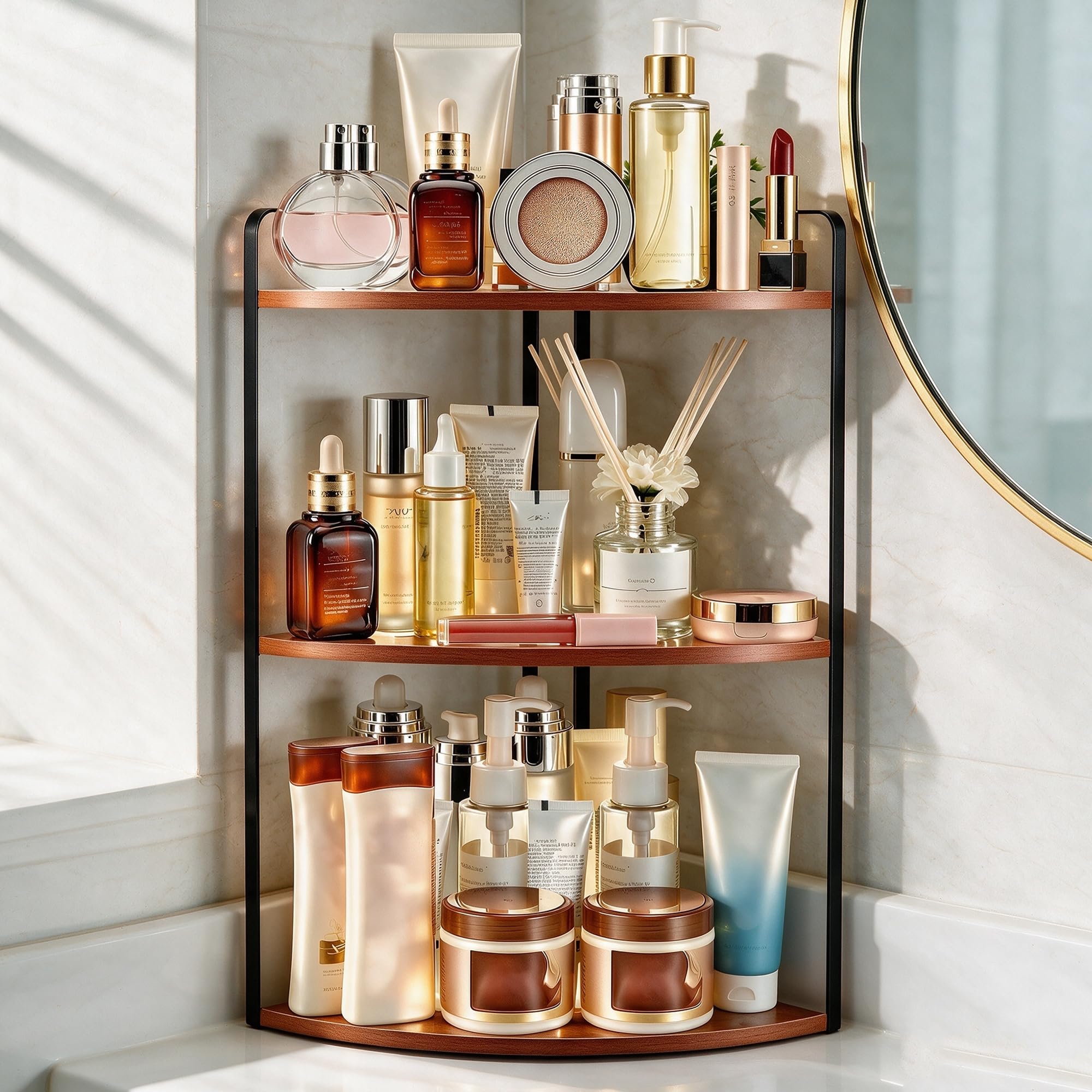 Corner Bathroom Counter Organizer, Vanity Counter Storage Shelf, Red Brown