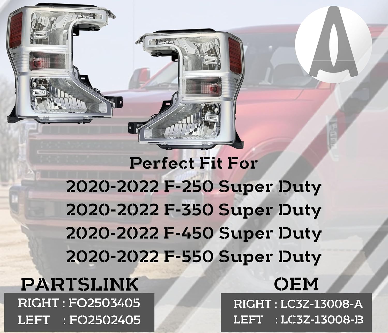 Headlight Assembly Set Compatible With 2020 2021 2022 Ford F-250 F-350 F-450 F-550 Super Duty Left&Right Side, Only For Halogen Headlight Models, DOT/SAE, LC3Z13008A, LC3Z13008B, FO2503405, FO2502405
