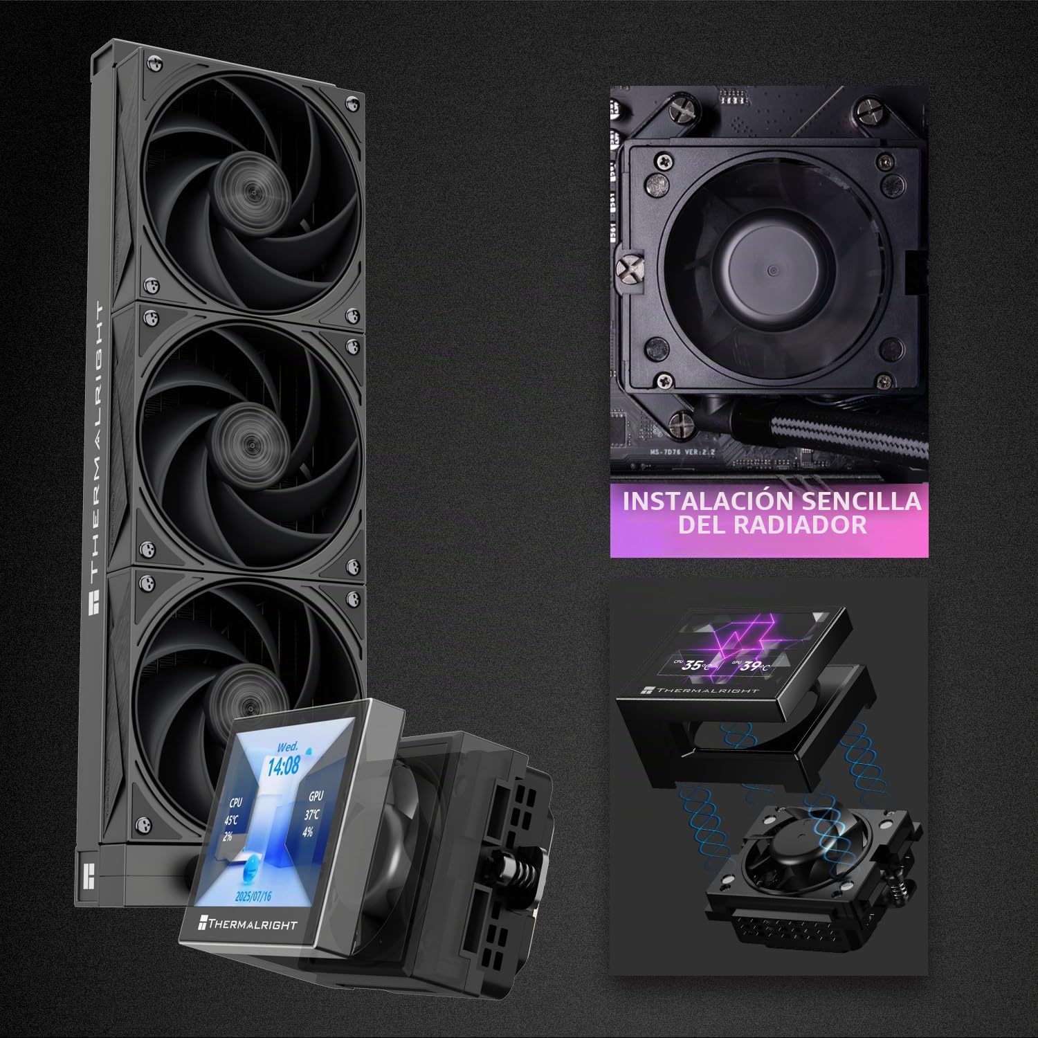 Thermalright Enfriador de líquido de CPU Stream Vision 360 Black, pantalla LCD de 3,5 pulgadas con ventilador incorporado magnético, resolución 640x480, velocidad de 2400RPM, compatible con AM5