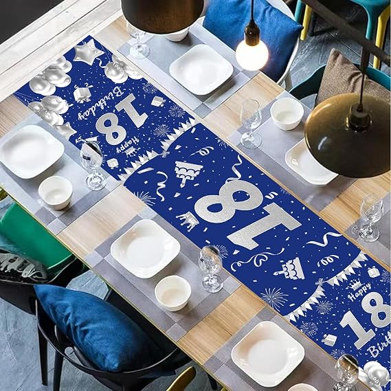 Happy 18th Birthday Tablecloth Blue and Silver Confetti Table Decoration for Boys Girls 180 x 35 cm Happy Birthday table runner for birthday tablecloth birthday with confetti table decoration for boys and girls