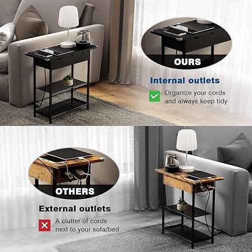 Miniatura 13 de SAUCE ZHAN Mesa auxiliar de sofá con puertos USB y tomas, mesa auxiliar estrecha con estante de almacenamiento para espacios pequeños, mesita de