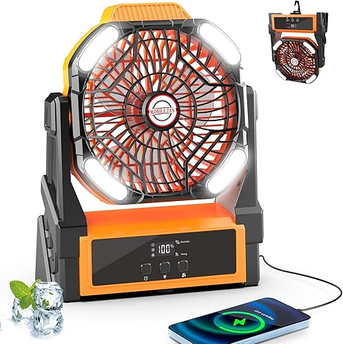 Sendowtek Ventilador de batería de campamento portátil de 20000 mAh, recargable con luz LED, 4 modos de viento, interruptor temporizador, ventilador