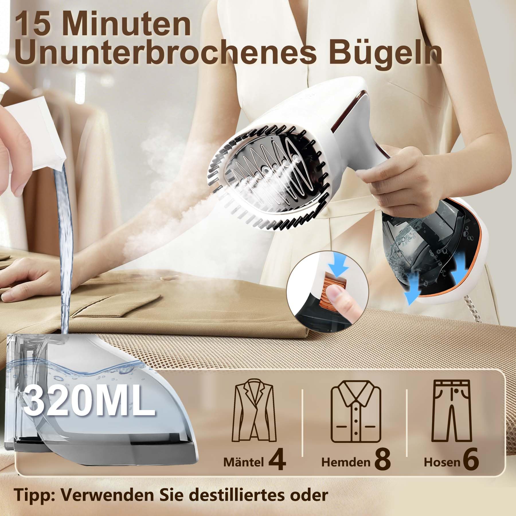 Steamer Steamer Vincitore del test – 1500 W & 300 ml con guanto da stiro & accessori I Pro Steamer Ferro da stiro a vapore Stiemer Ferro per mano held steam iron & go