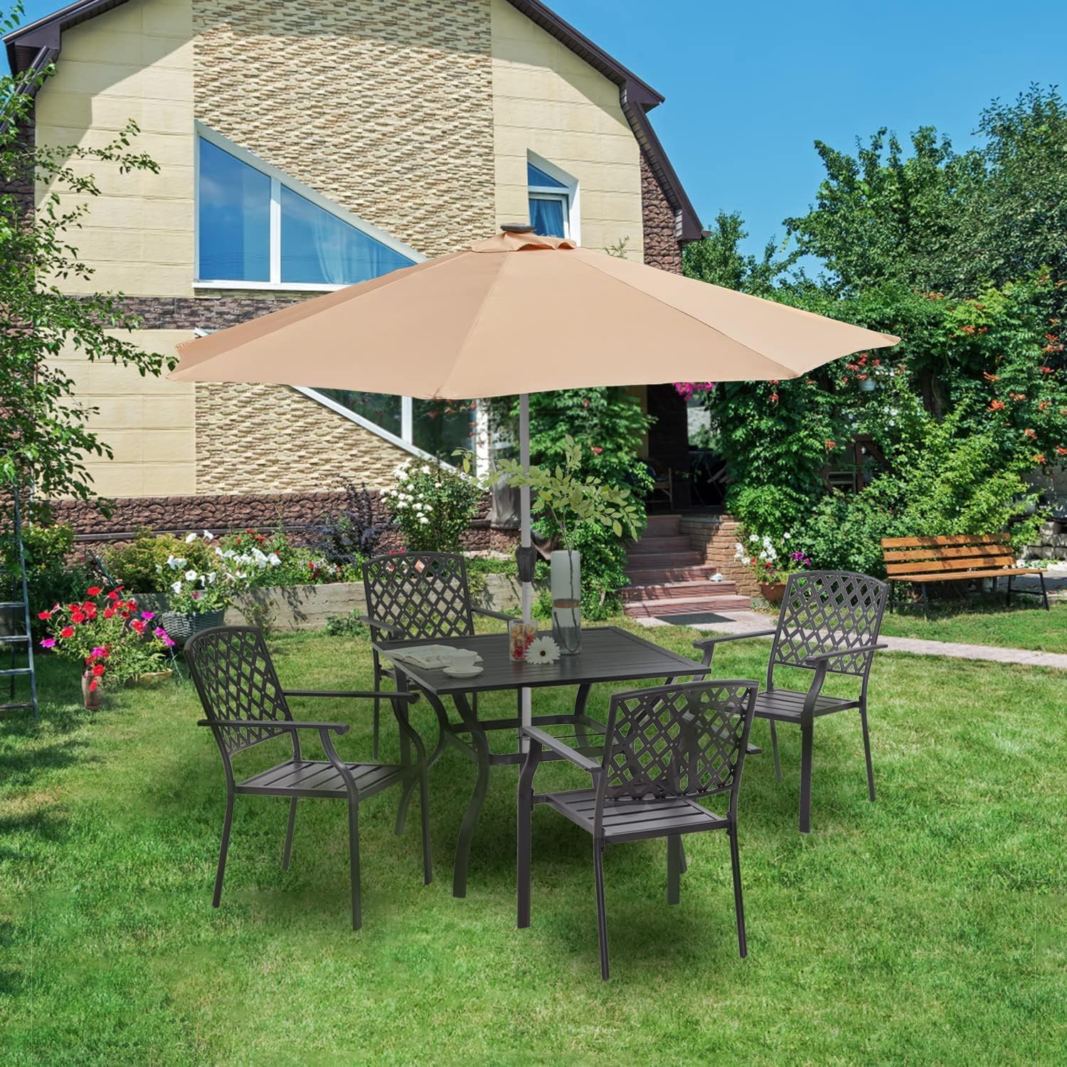 Outdoor Dining Table, Square Patio Furniture Table with Umbrella Hole : Everything Else