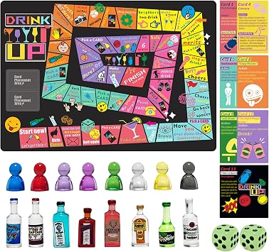 Drinking Game for Adults Drinking Board Game Large Rubber Mat with 52 Drinking Cards, Mini Bottle Pieces Funny Party Game for Game Night, Bachelorette or Any Occasion, 2-8 Players, Age 21+