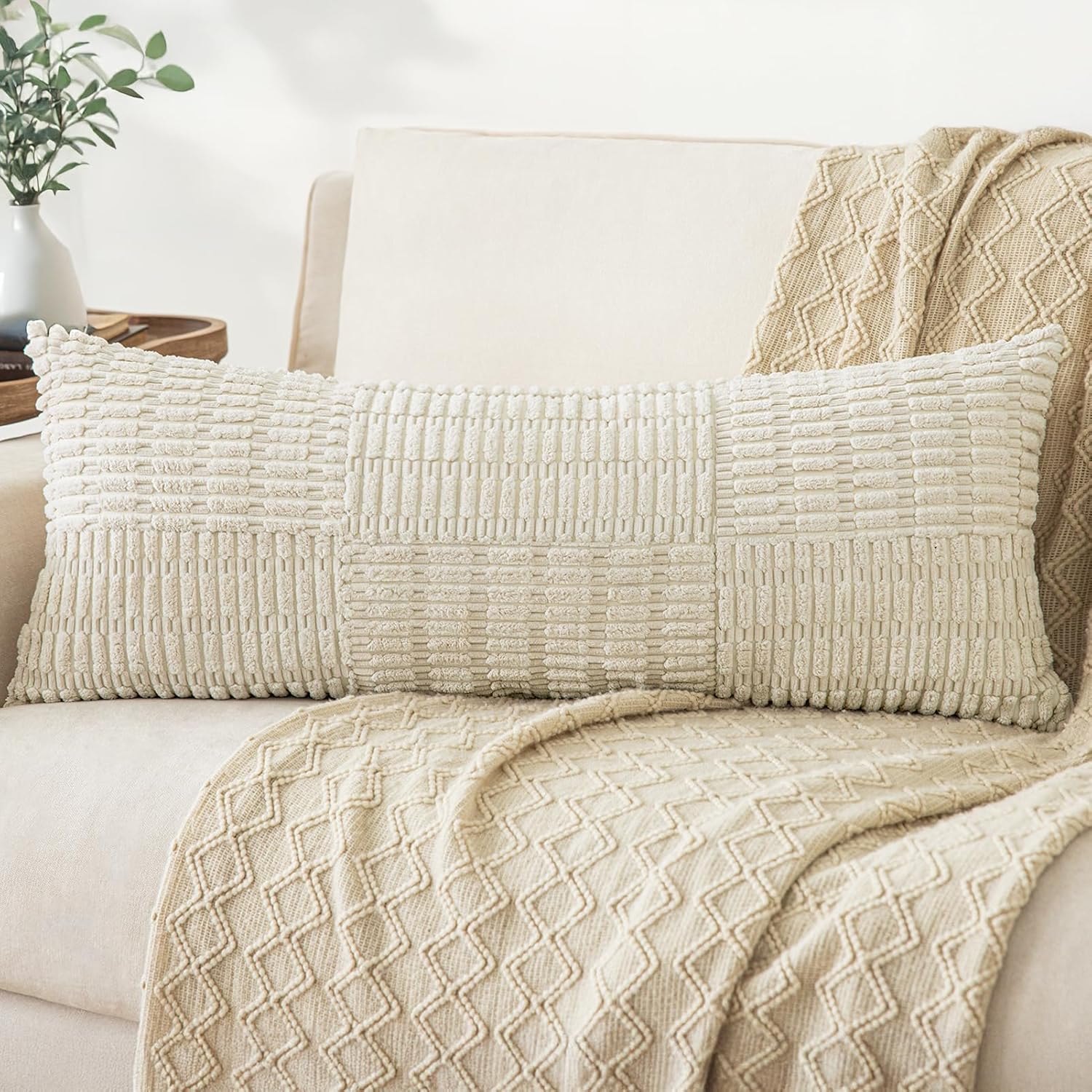 Softalker Cream Pillow Covers 22x22 Inch, Spring Set of 2 Fluffy Corduroy Boho Outdoor Striped Textured Pillow Covers Modern Decorative Pillow Case for Couch Patio Living Room Sofa, White