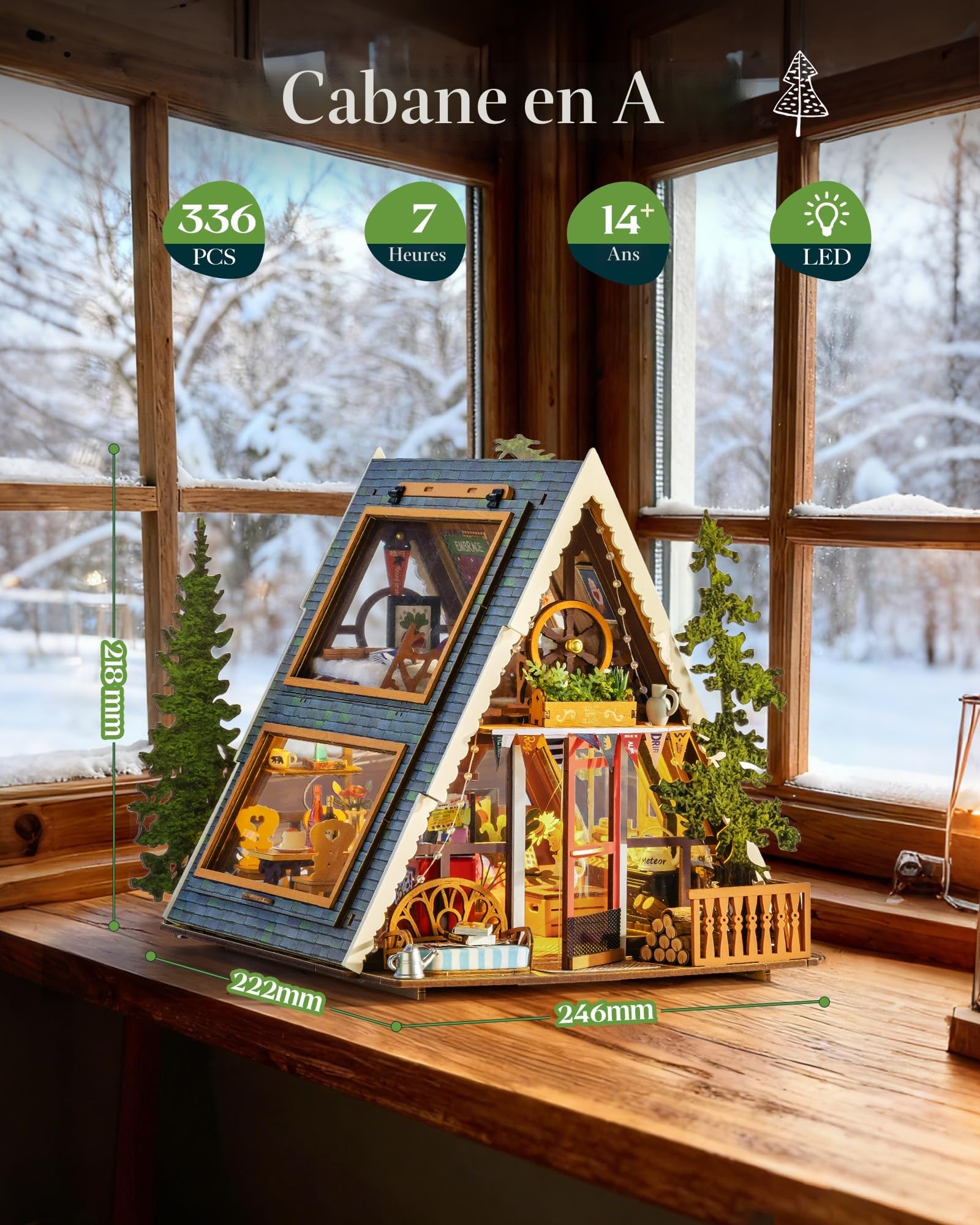 Rolife Maison de Poupée Cabane A-Frame Modèle en Bois Kit de Miniature Maison de Guérison Naturelle Cabane de Forêt Féérique Décoration de Maison Cadeau Créatif pour Adultes