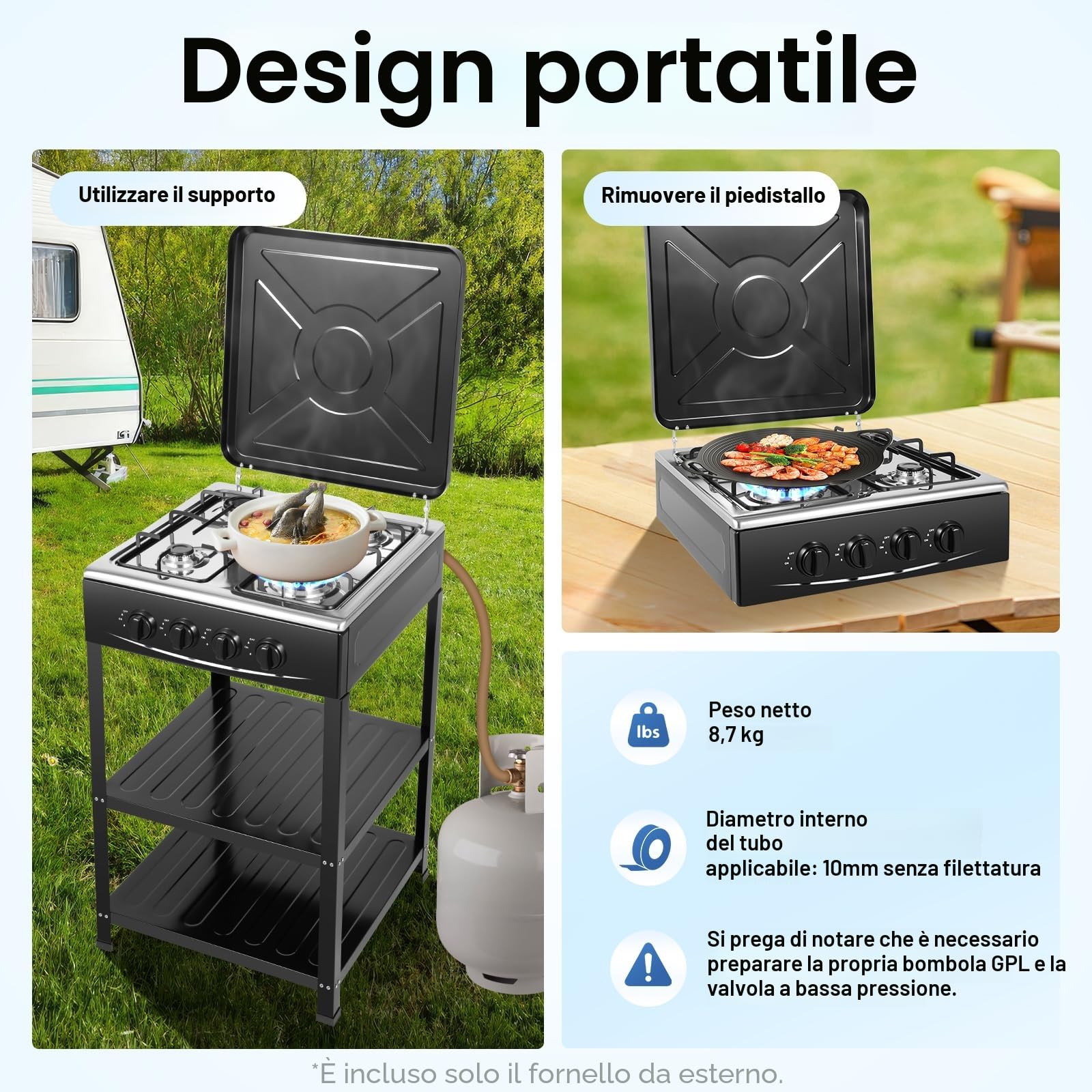 Fornello a gas 4 fuochi rettangolare NG/LPG con supporto antiscivolo nero