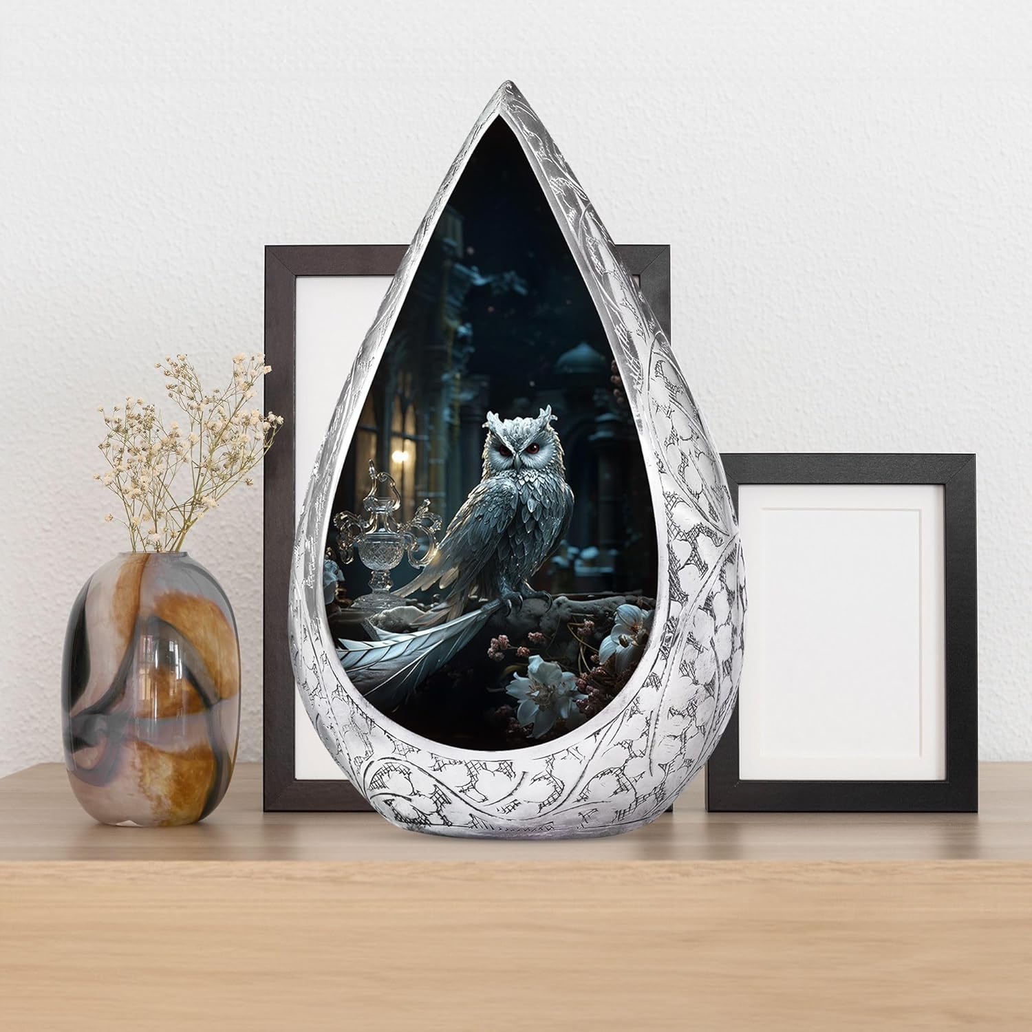 White Owl Elegant Adult Urns for Human Ashes Women and Men - White Flowers Cremation Urns for Women - Snowy Blue Large Drop Ashes Holder 10 Inch - Funeral Gift for Mom and Dad