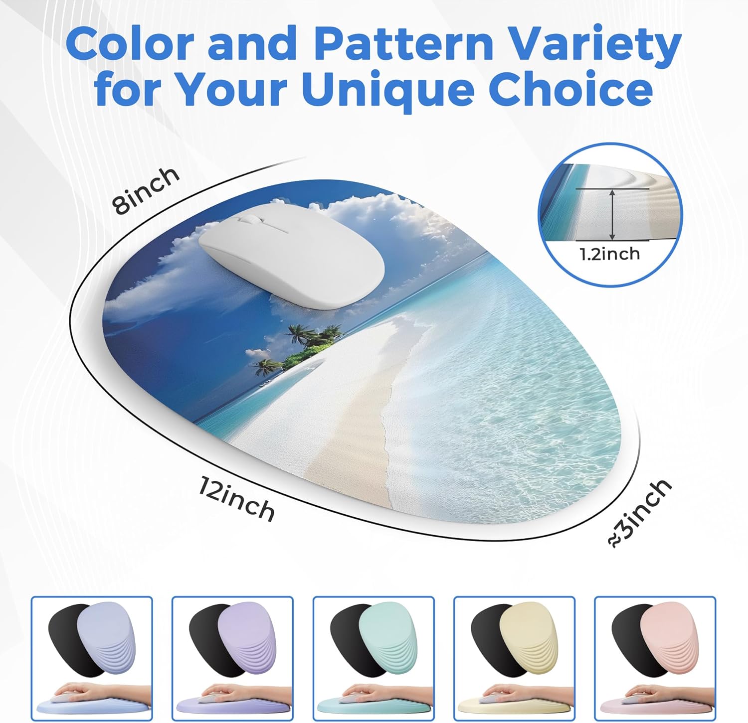 Ergonomic Mouse Pad with Wrist Support, Memory Foam Wrist Rest for Pain Relief & Carpal Tunnel, Non-Slip Base for Office, Computer, PC, Laptop (12x8x1.2inch, Maldive Beach)