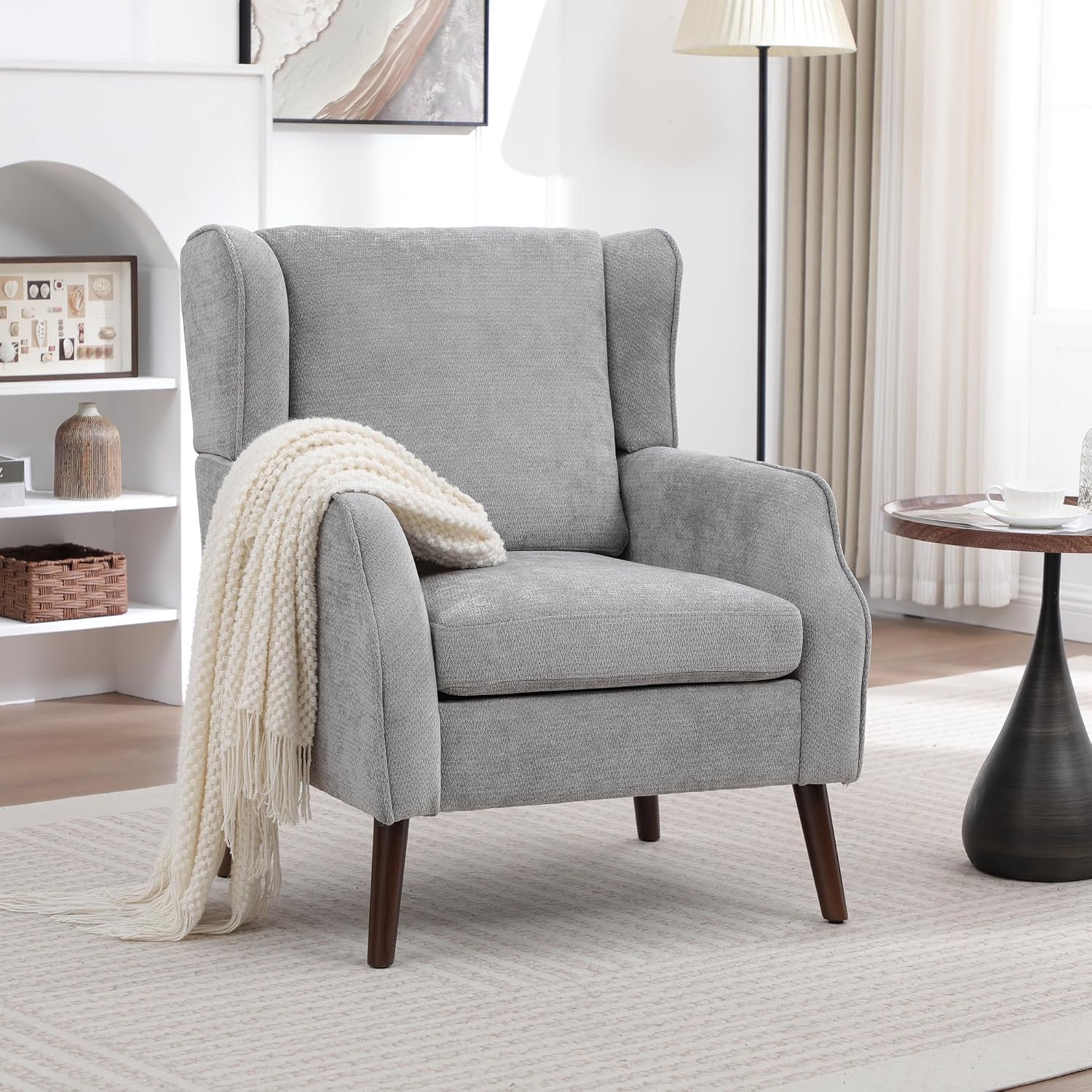 Accent Chair for Living Room,Mid Century Modern Wingback Chair for Bedroom,Upholstered Armchair with Lounge Seat and Wood Legs for Office Apartment Small Room 1PCS LIGHTGREY