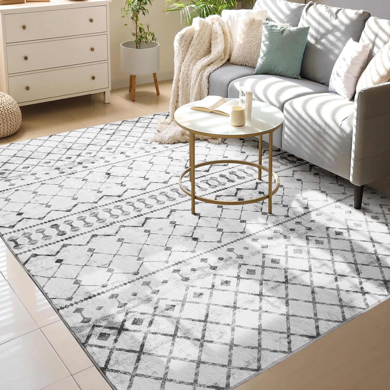 Tapis géométrique vintage grand format tapis salon gris et blanc doux