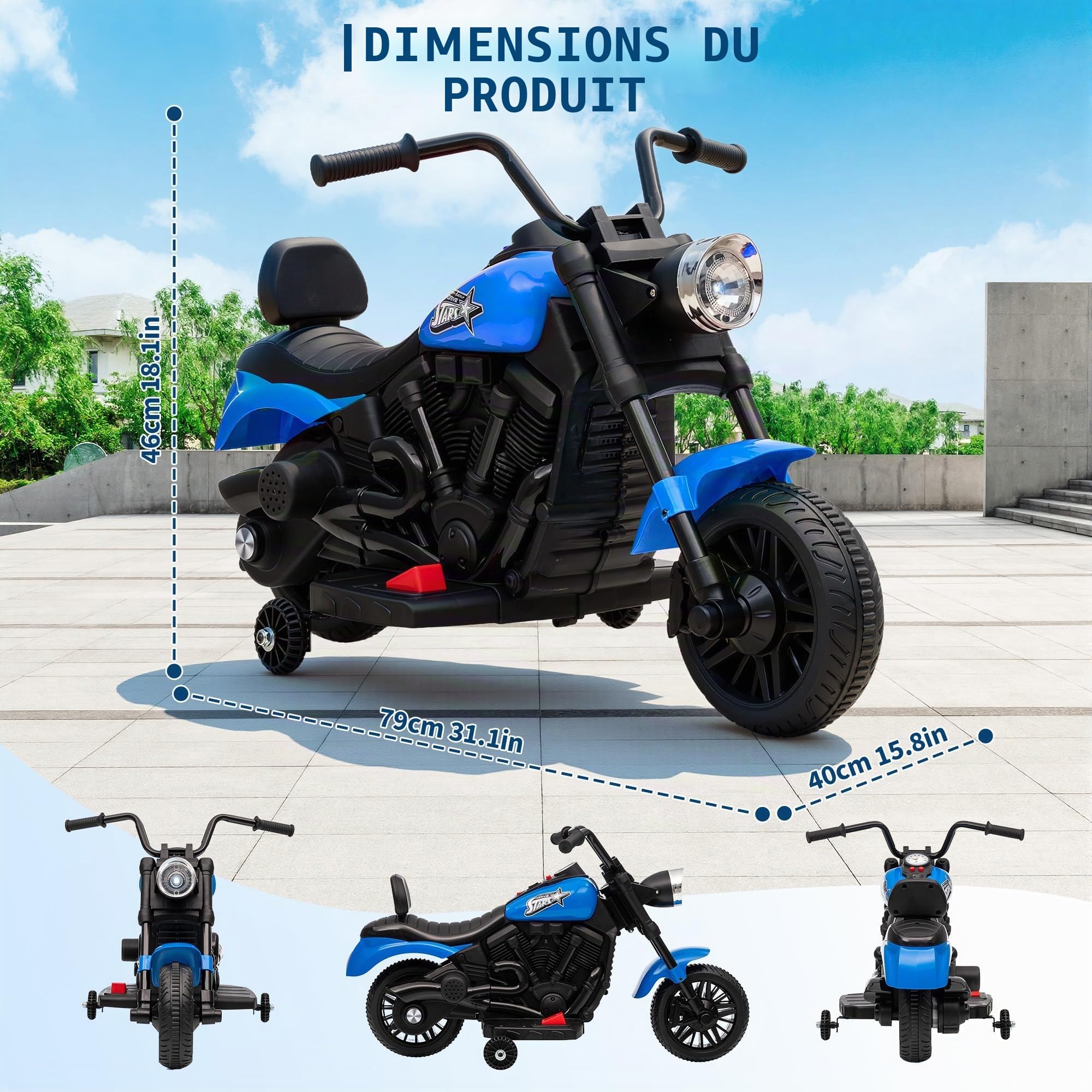 Ma Première Moto Électrique Enfant 6V – Design Sportif Stable à 3 Roues, Musique & LED – Charge Max 30 kg, pour Garçons et Filles dès 3 Ans – Bleu